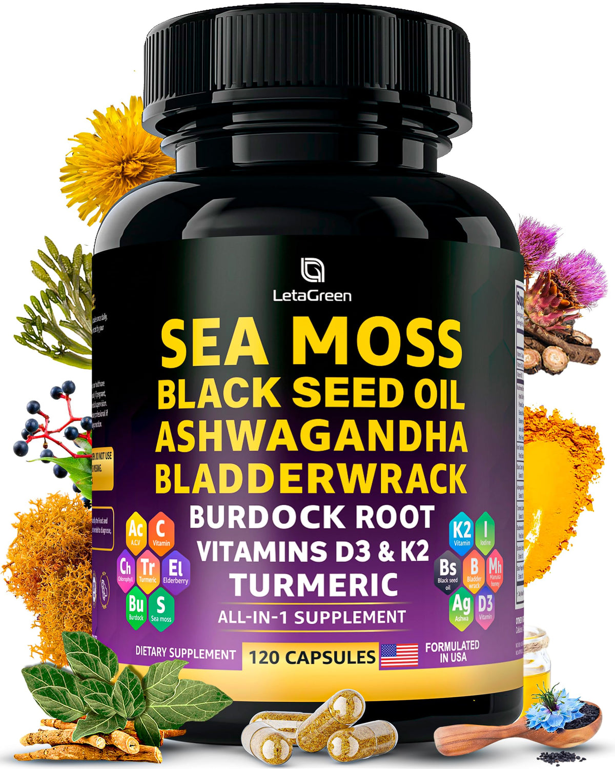 LetaGreen Sea Moss Capsules bottle close-up for daily plant-based wellness.