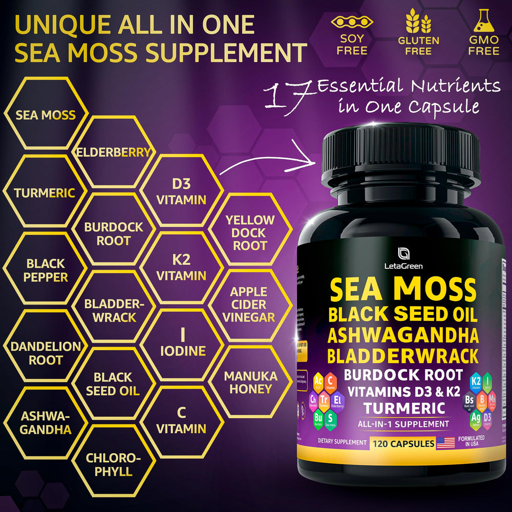 LetaGreen sea moss capsules with ginger-turmeric blend for daily balance.
