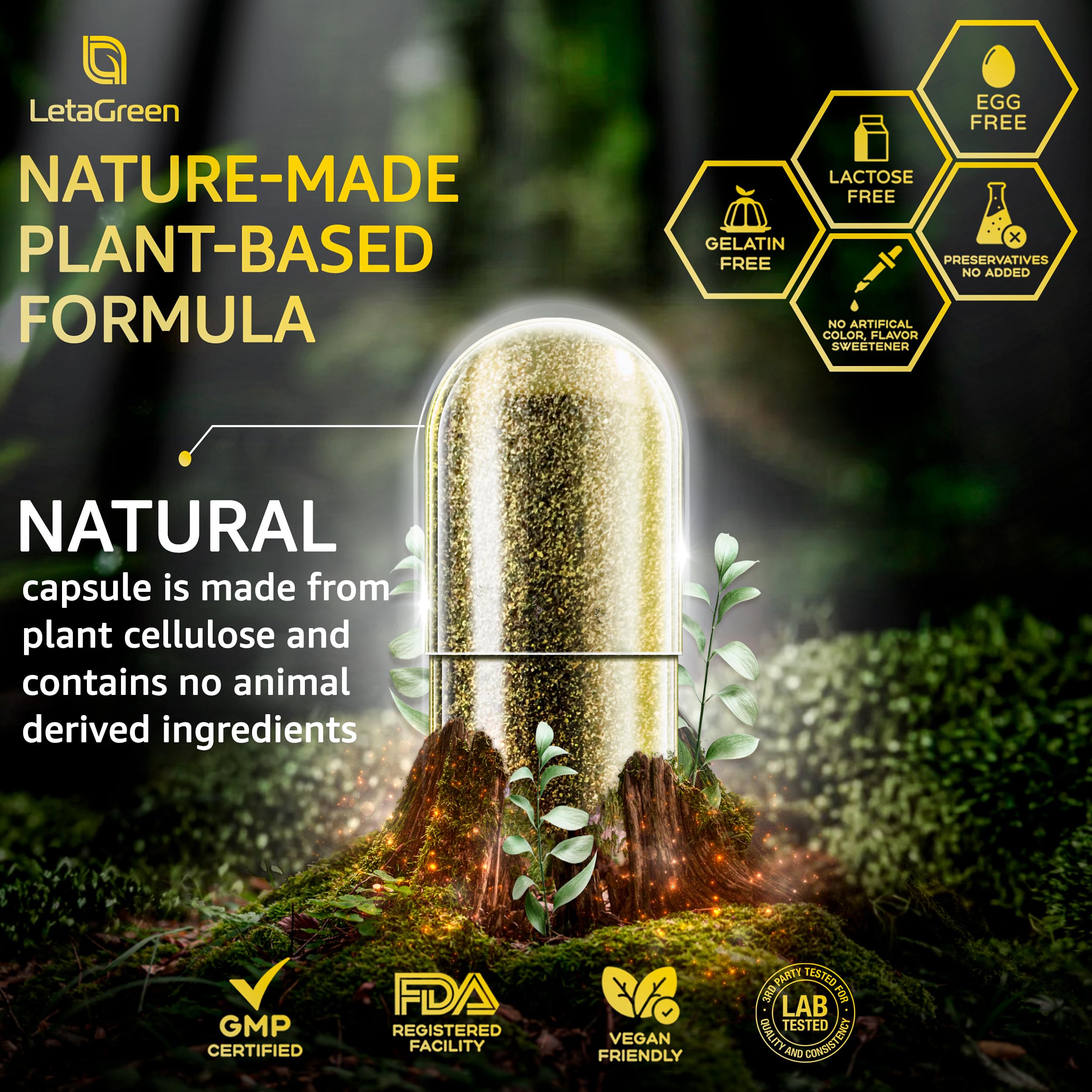 LetaGreen vegan-friendly label highlights keto-friendly and sugar-free formulation.