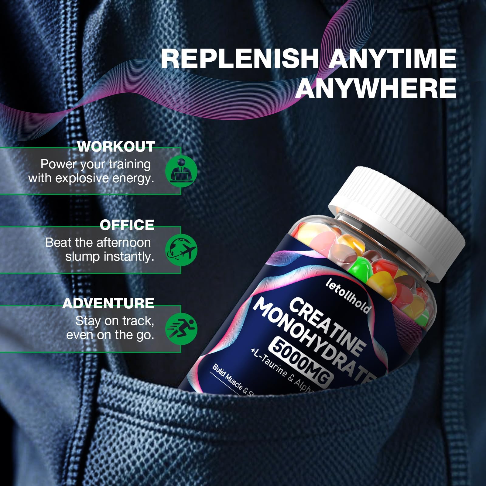 Letollhold Creatine Gummies gluten-free label visible.