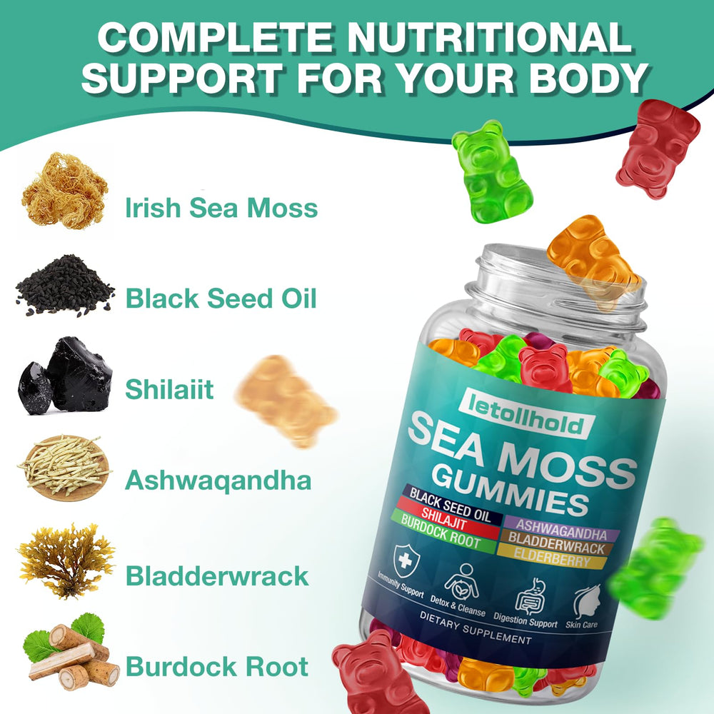 Letollhold Sea Moss Gummies with Ashwagandha and Bladderwrack ingredients showcase natural wellness blend.