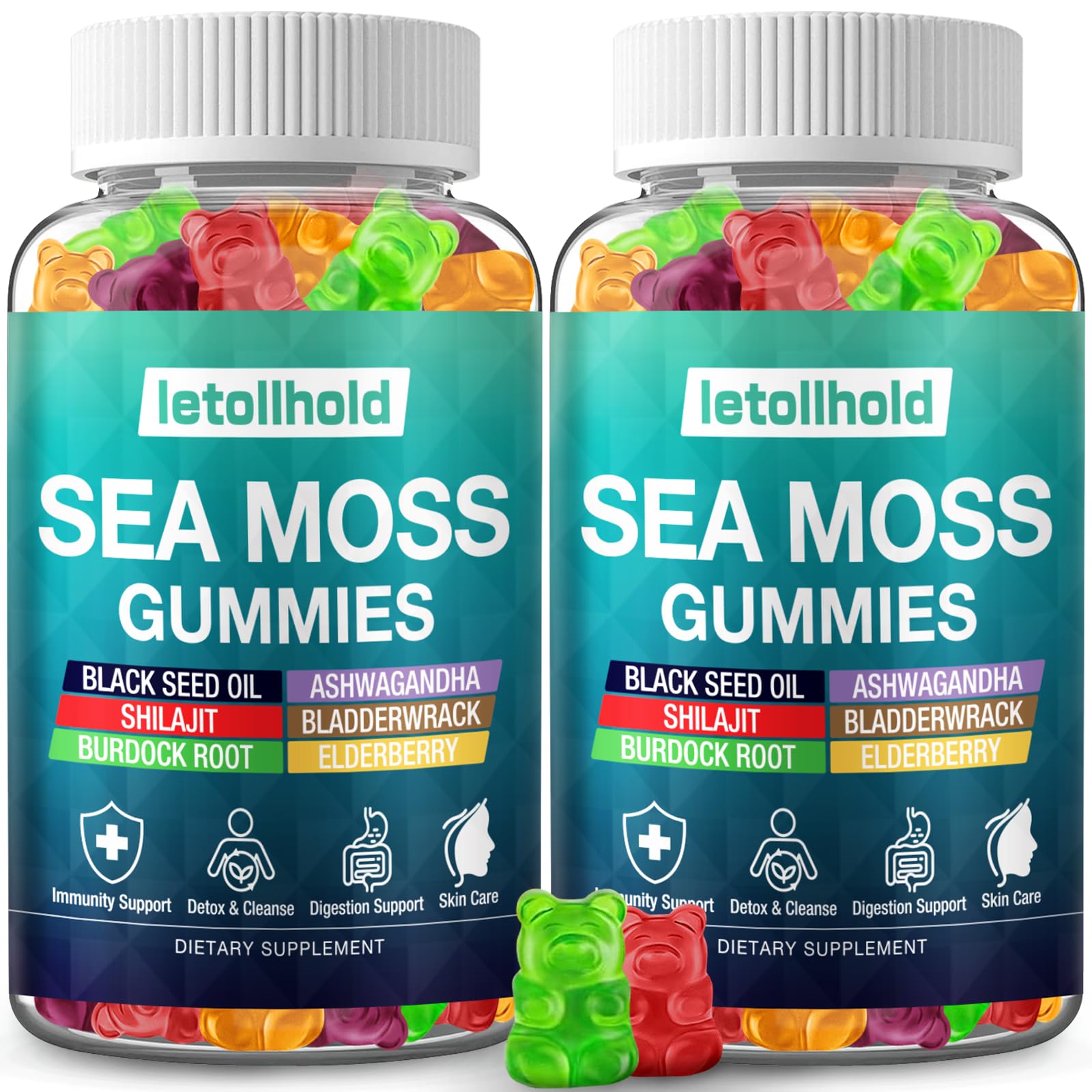 Letollhold Sea Moss Gummies bottle pour demonstrates a convenient daily supplement for energy support.