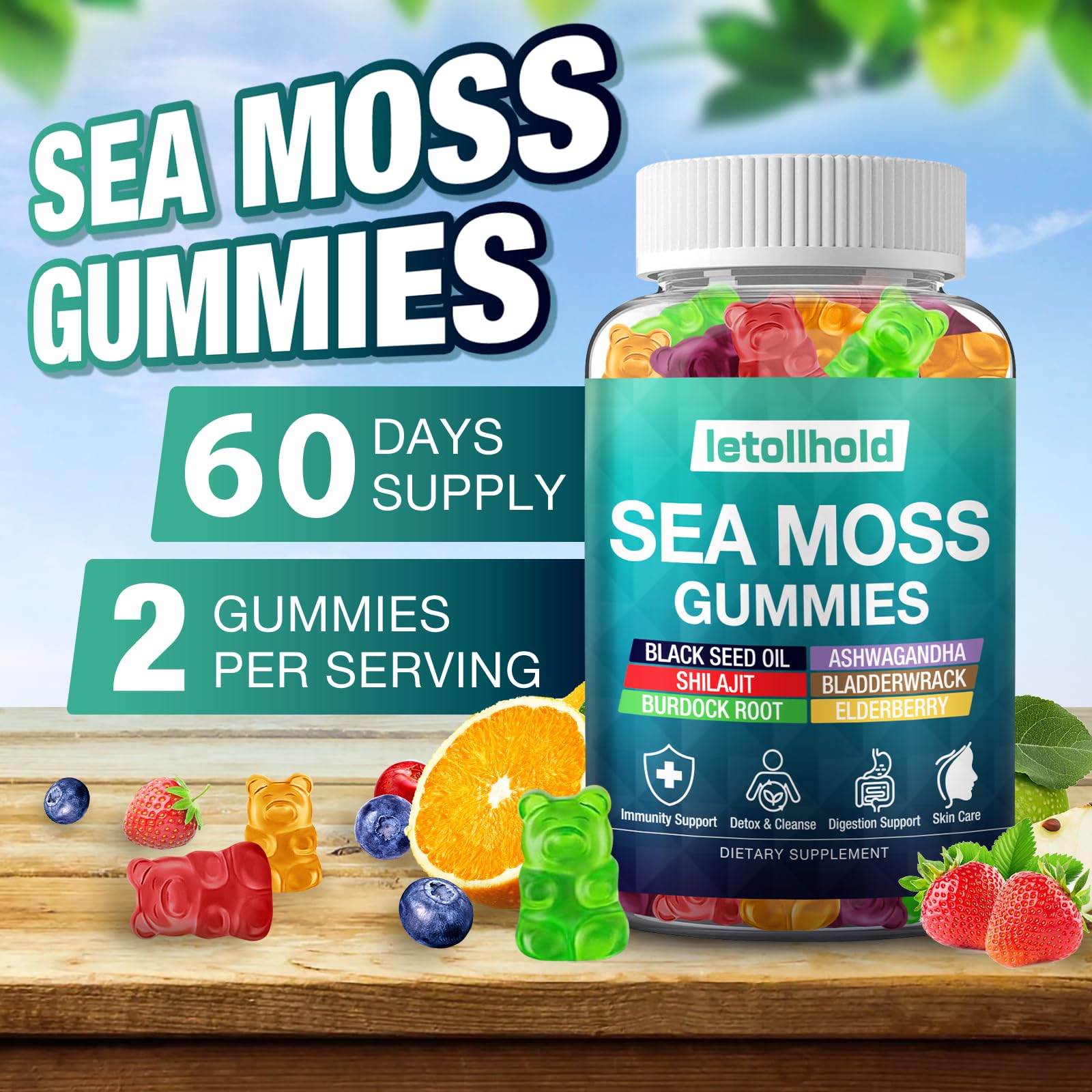 Letollhold Sea Moss Gummies ingredients panel highlights mineral-rich profile.