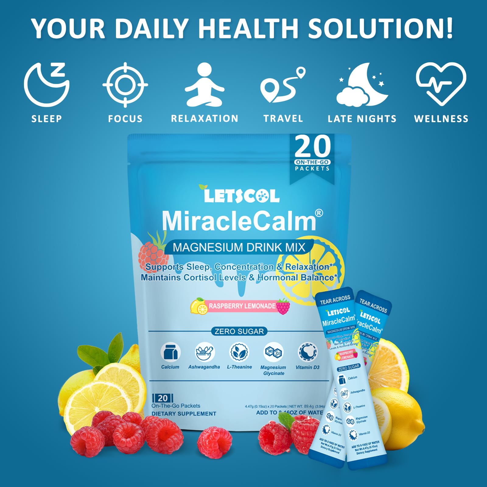LETSCOL MiracleCalm powder dissolving in water for quick, refreshing drink