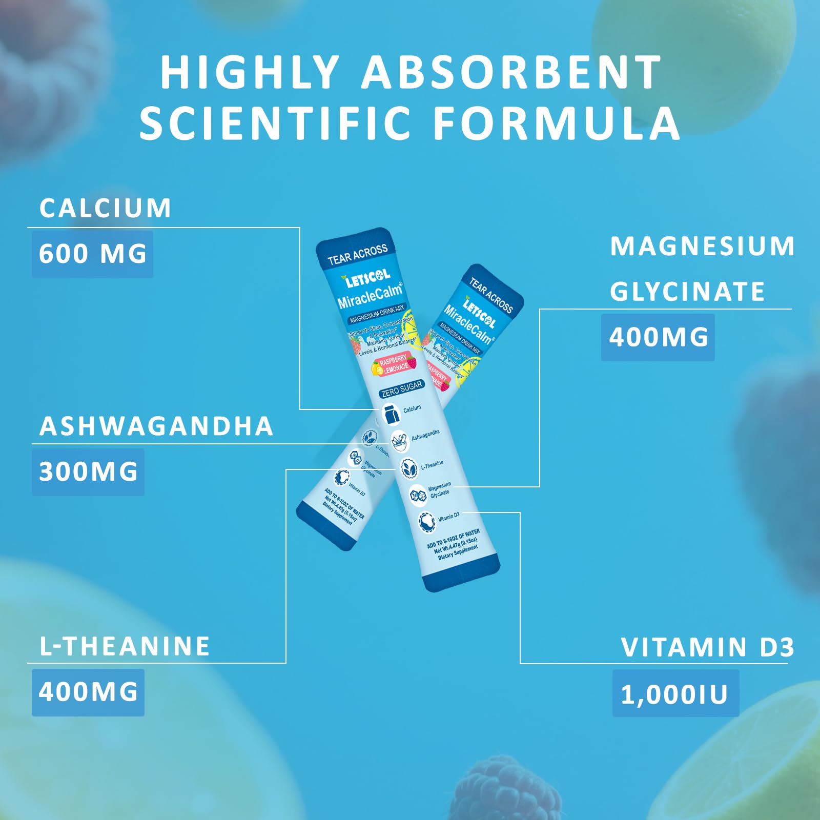 LETSCOL MiracleCalm ingredients icons featuring magnesium glycinate and ashwagandha-d3