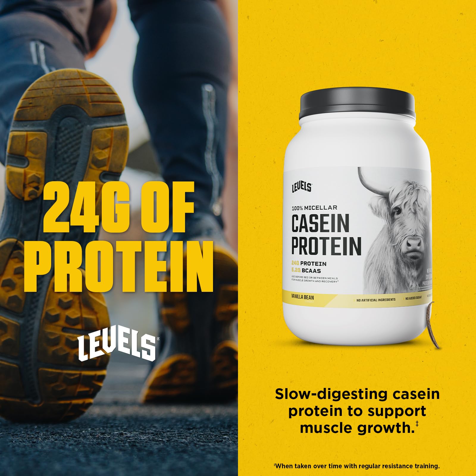 Levels Casein label close-up highlights hormone-free dairy and clean ingredients.