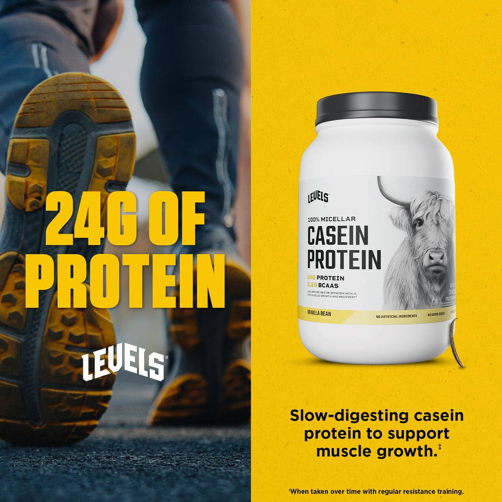 Levels Casein label close-up highlights hormone-free dairy and clean ingredients.