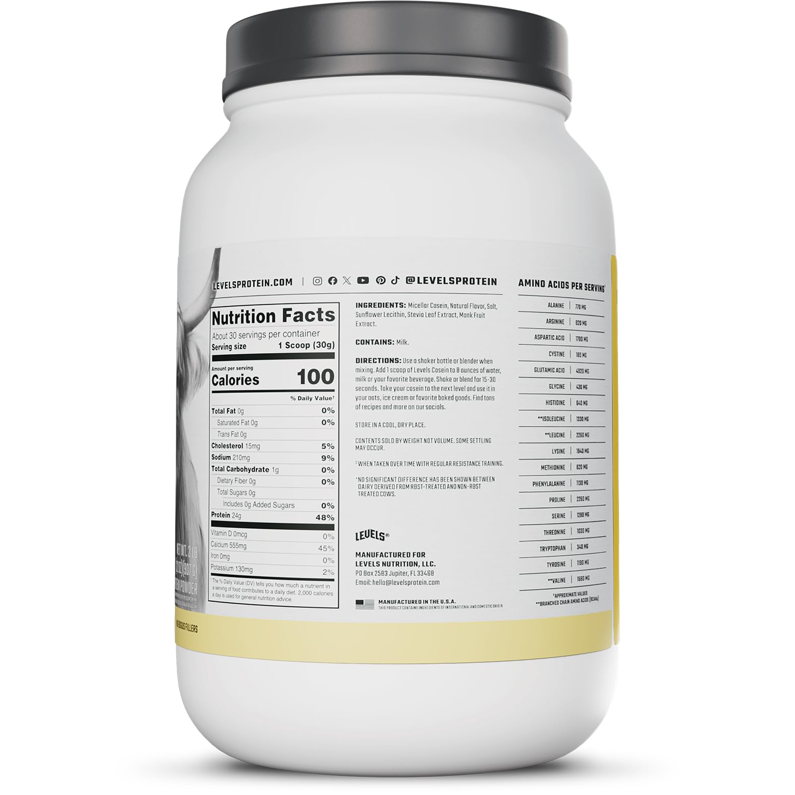 Levels Casein non-GMO and gluten-free ingredients for versatile use.
