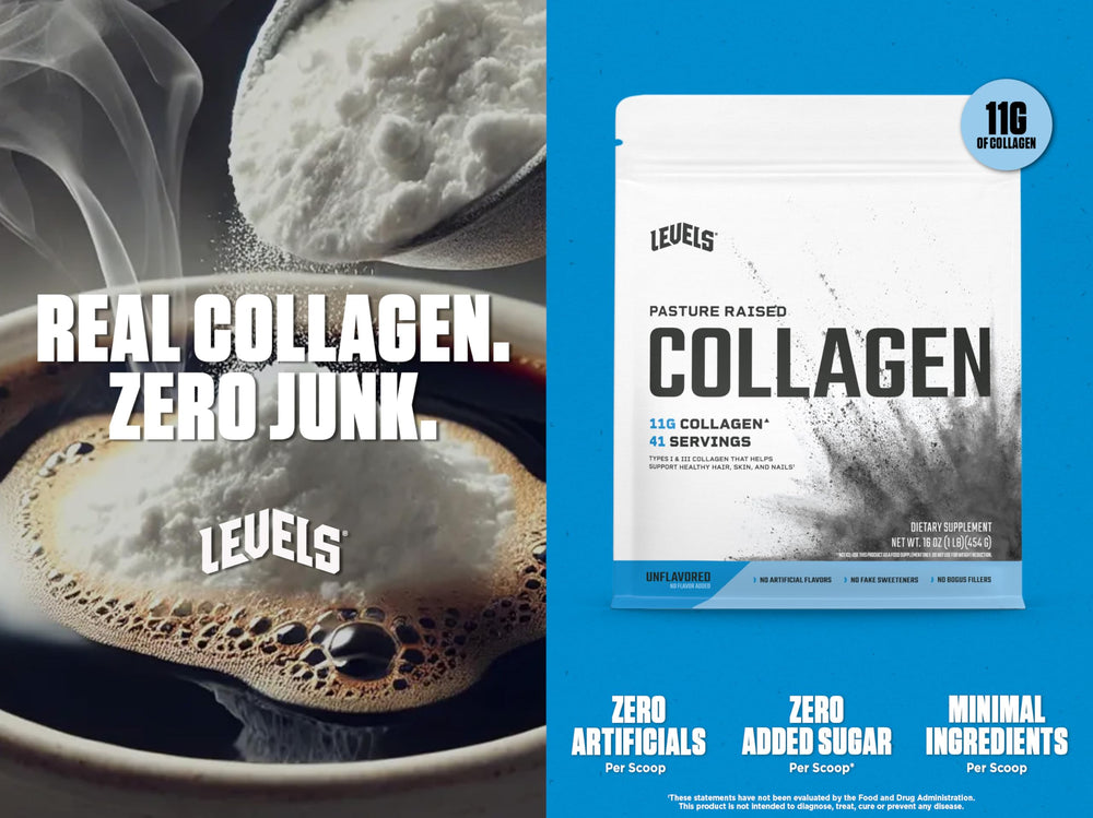 Levels Collagen Peptides coffee pour shows easy blend into morning coffee