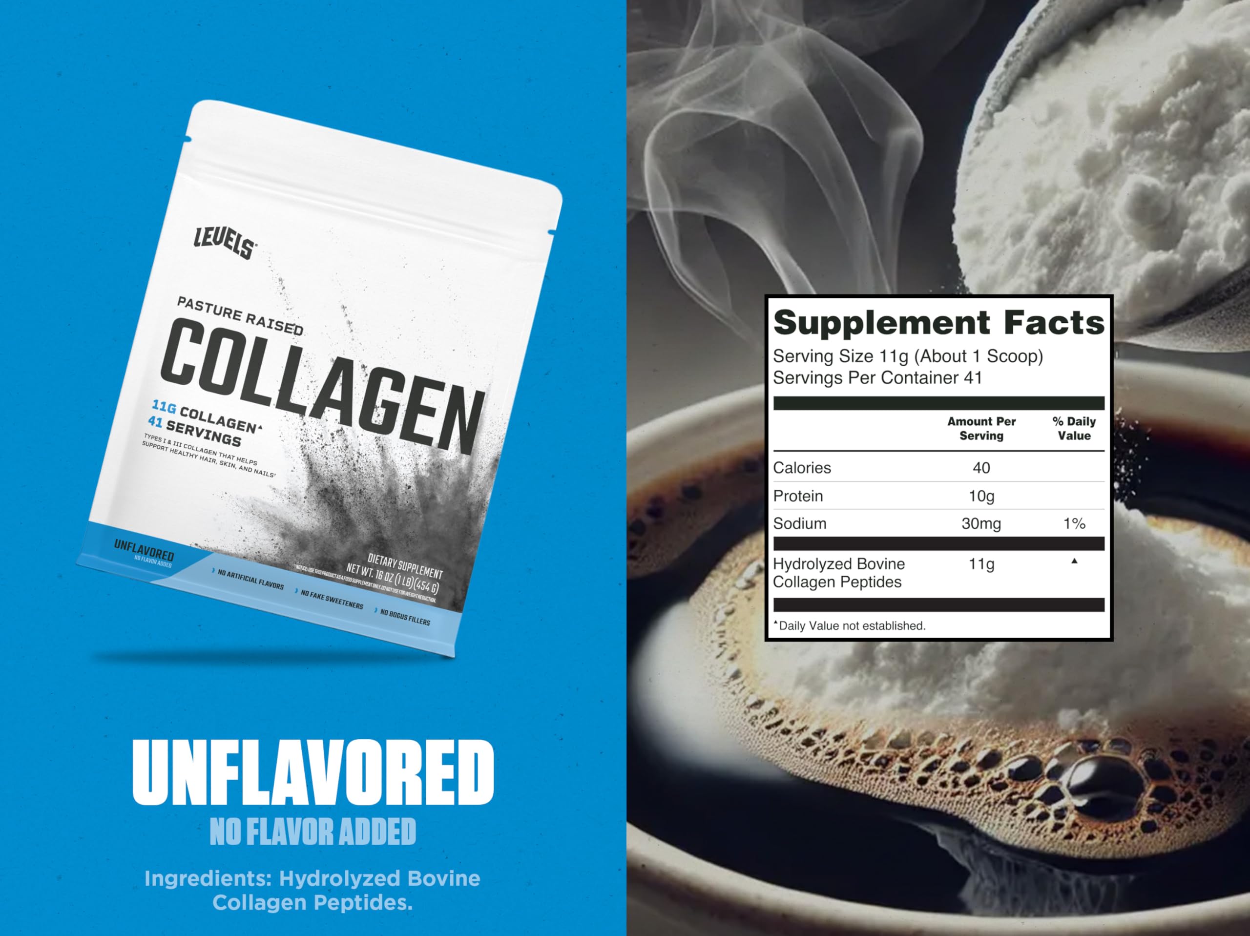 Levels Collagen Peptides tea mix in cup for convenient daily nourishment