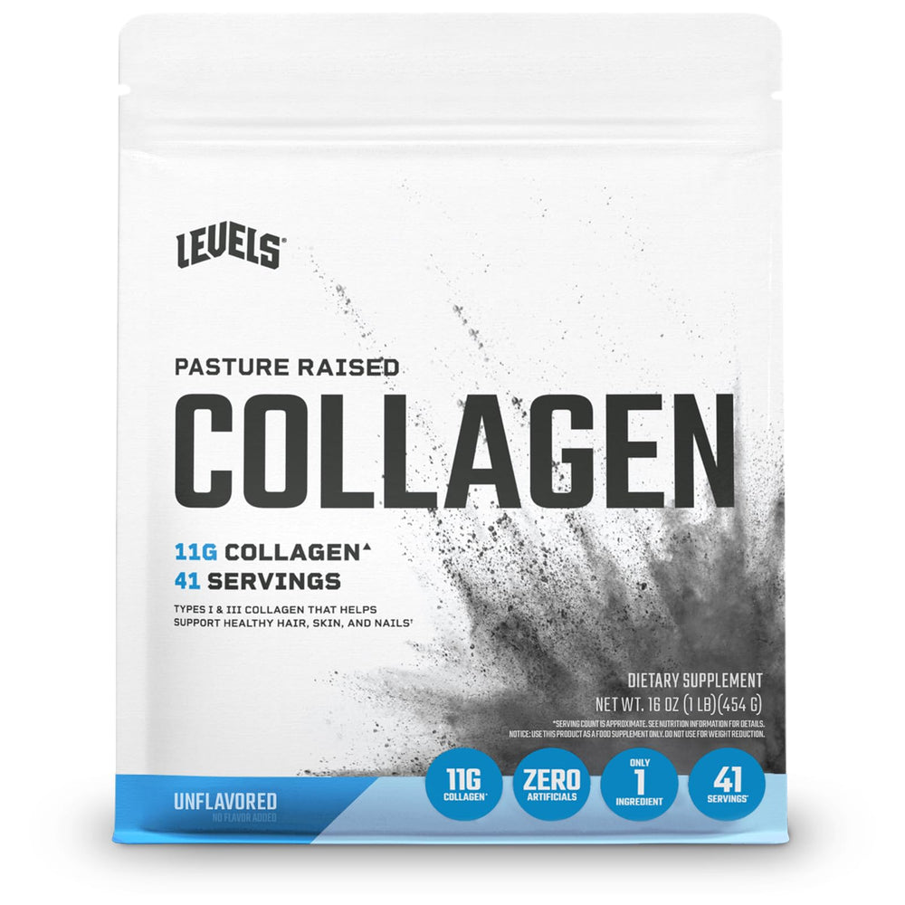 Levels Collagen Peptides unflavored bottle on the counter supports daily wellness