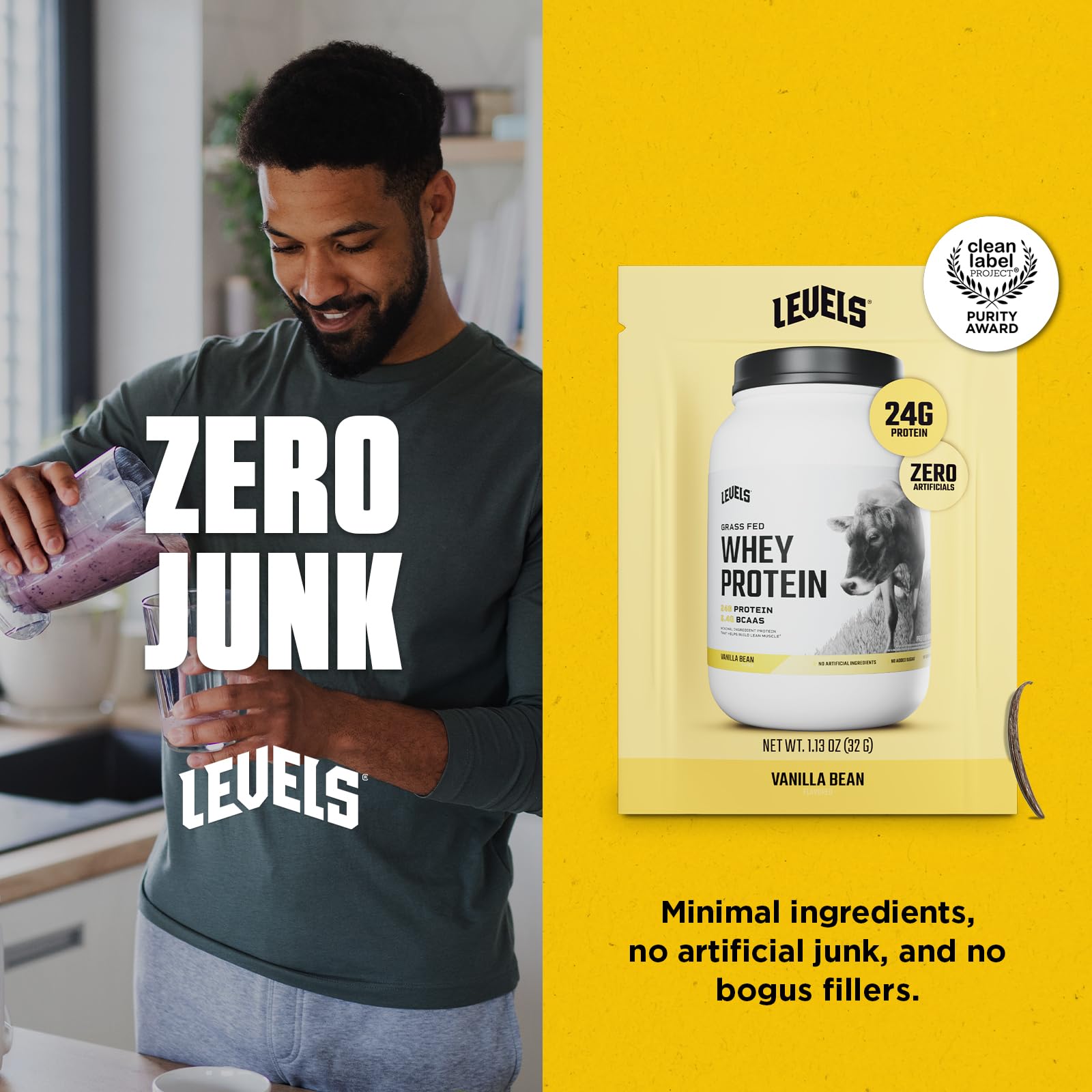 Levels Grass-Fed dairy source underlines high-quality protein from trusted dairy.