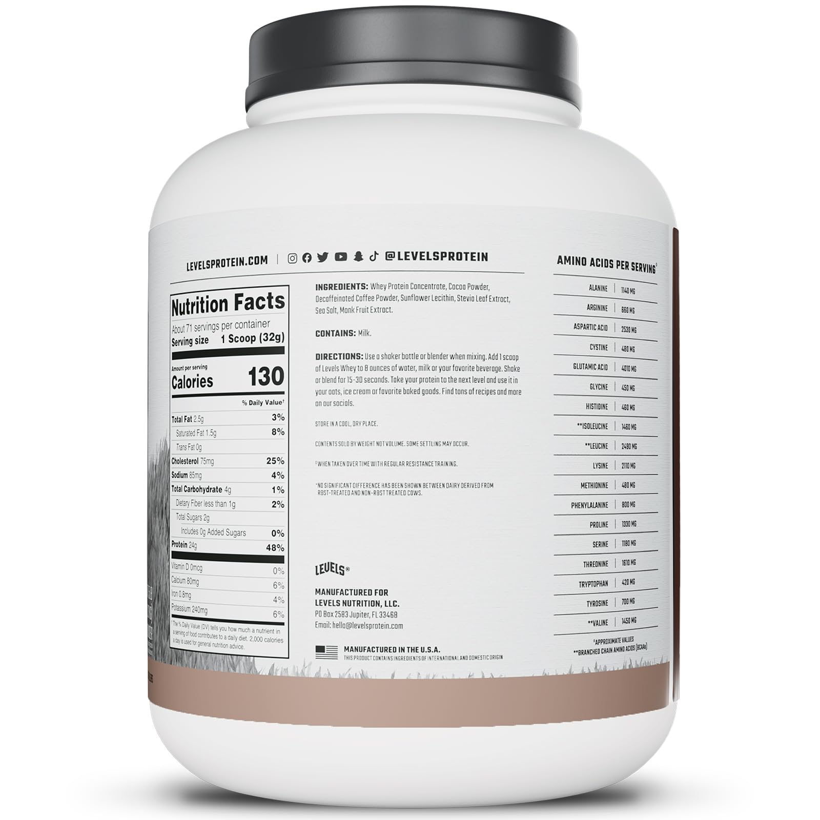 Levels Grass Fed Whey batch label emphasizes cold-process microfiltration