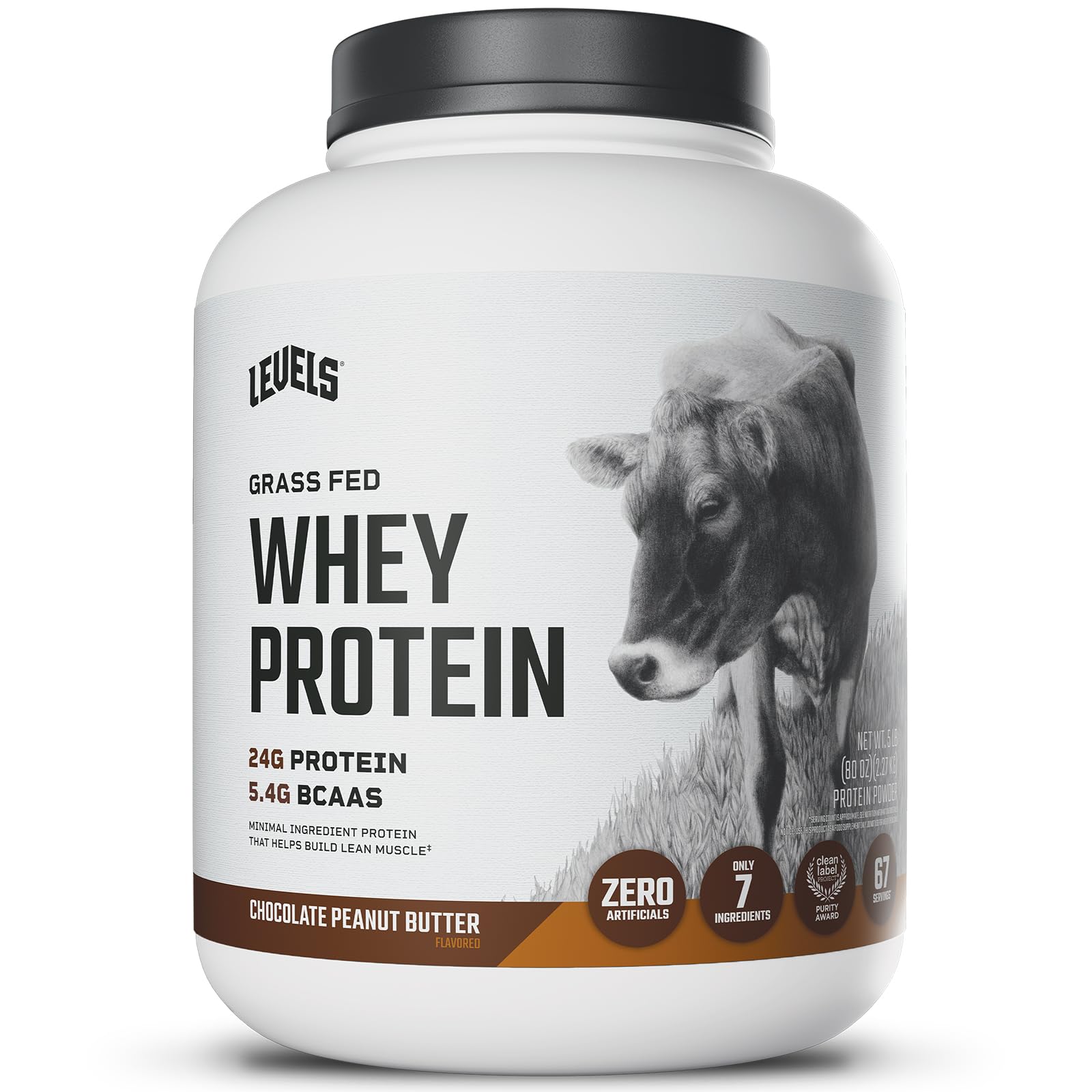 Levels Grass Fed Whey front tub in chocolate peanut butter flavor for clean protein