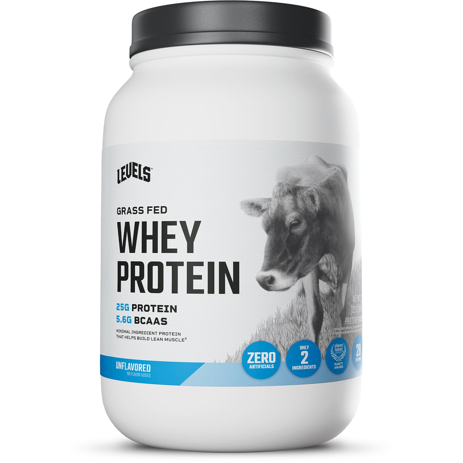 Levels Grass Fed Whey tub front view showing clean ingredients and no artificial additives.