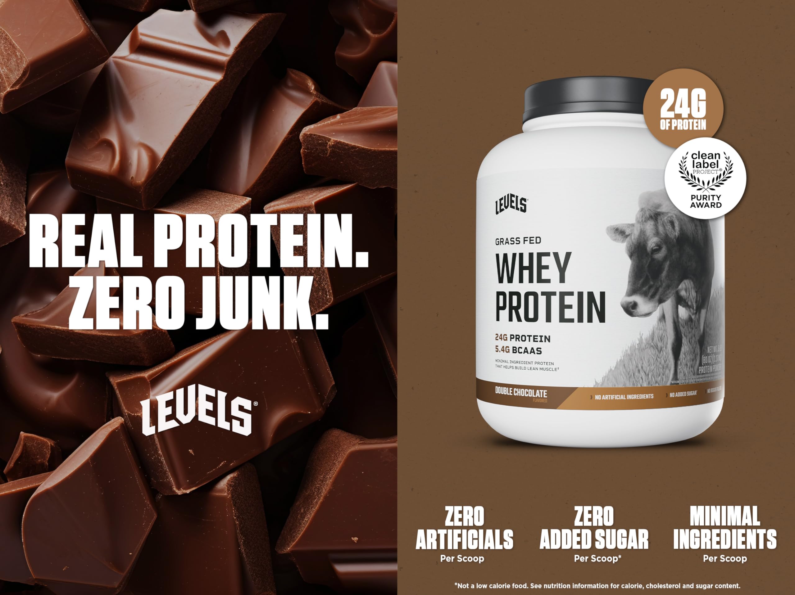 Levels Grass-Fed Whey label close-up emphasizes clean ingredients