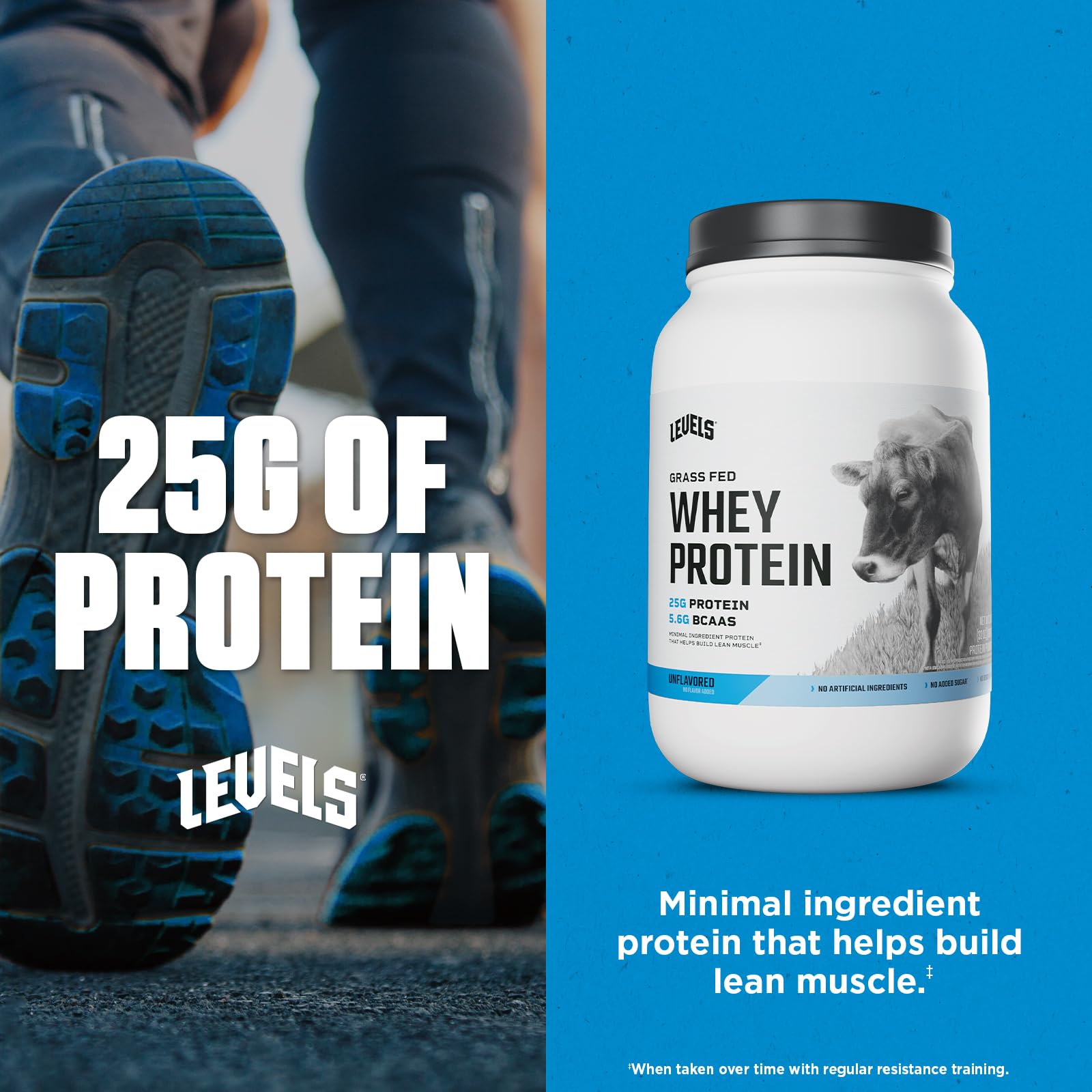 Close-up nutrition label on Levels whey highlighting 25g protein.