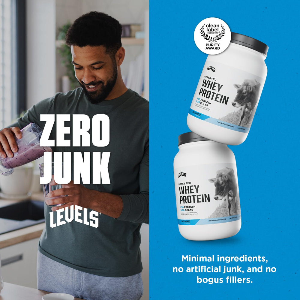 USA-made badge on Levels whey label emphasizing quality.