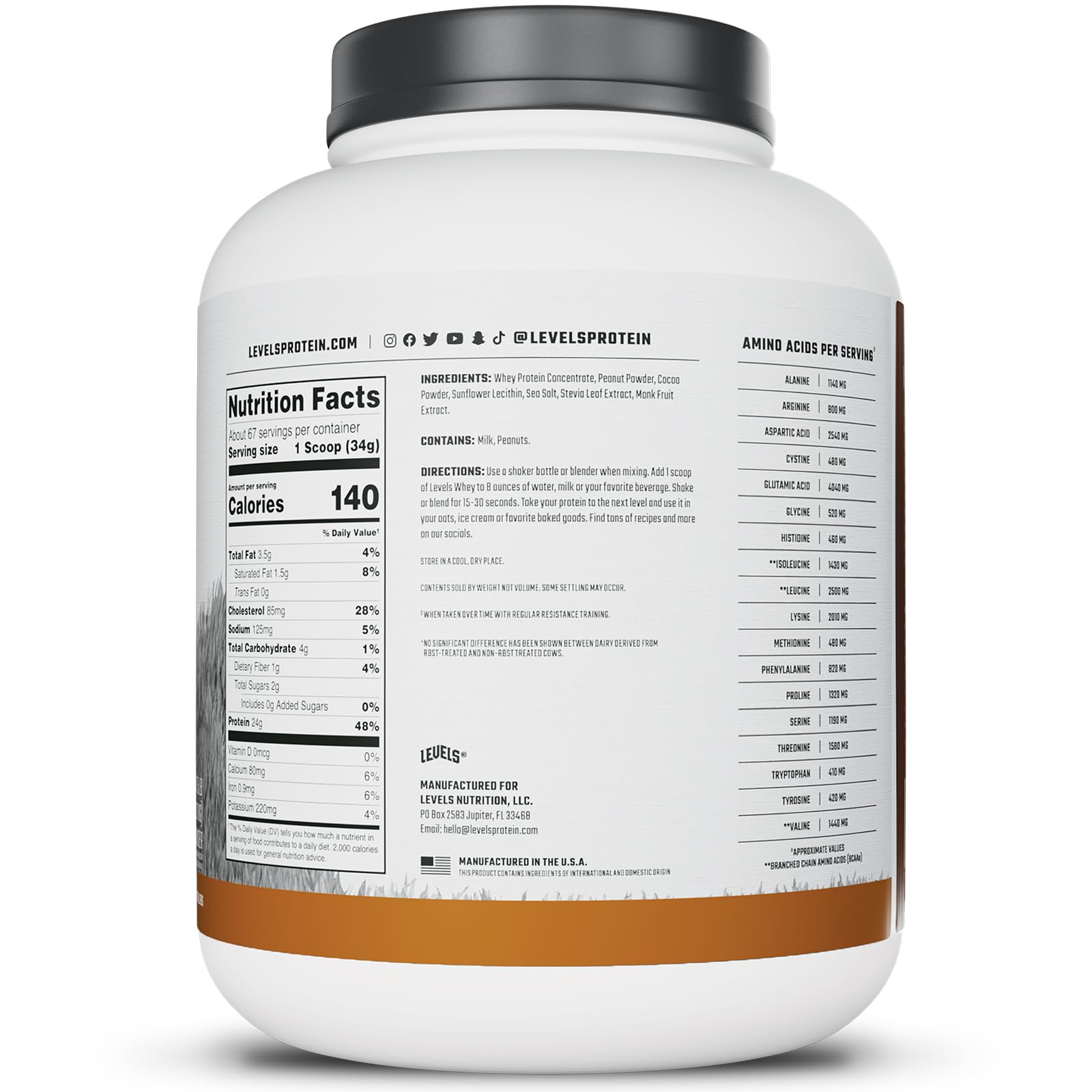 Levels Grass Fed Whey USA-made badge on packaging