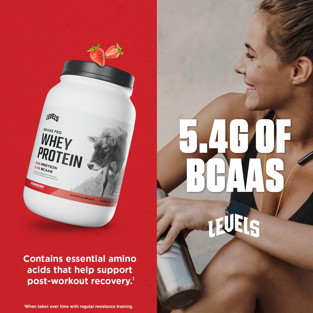 Levels Grass Fed Whey natural strawberry flavor emphasized in the tub