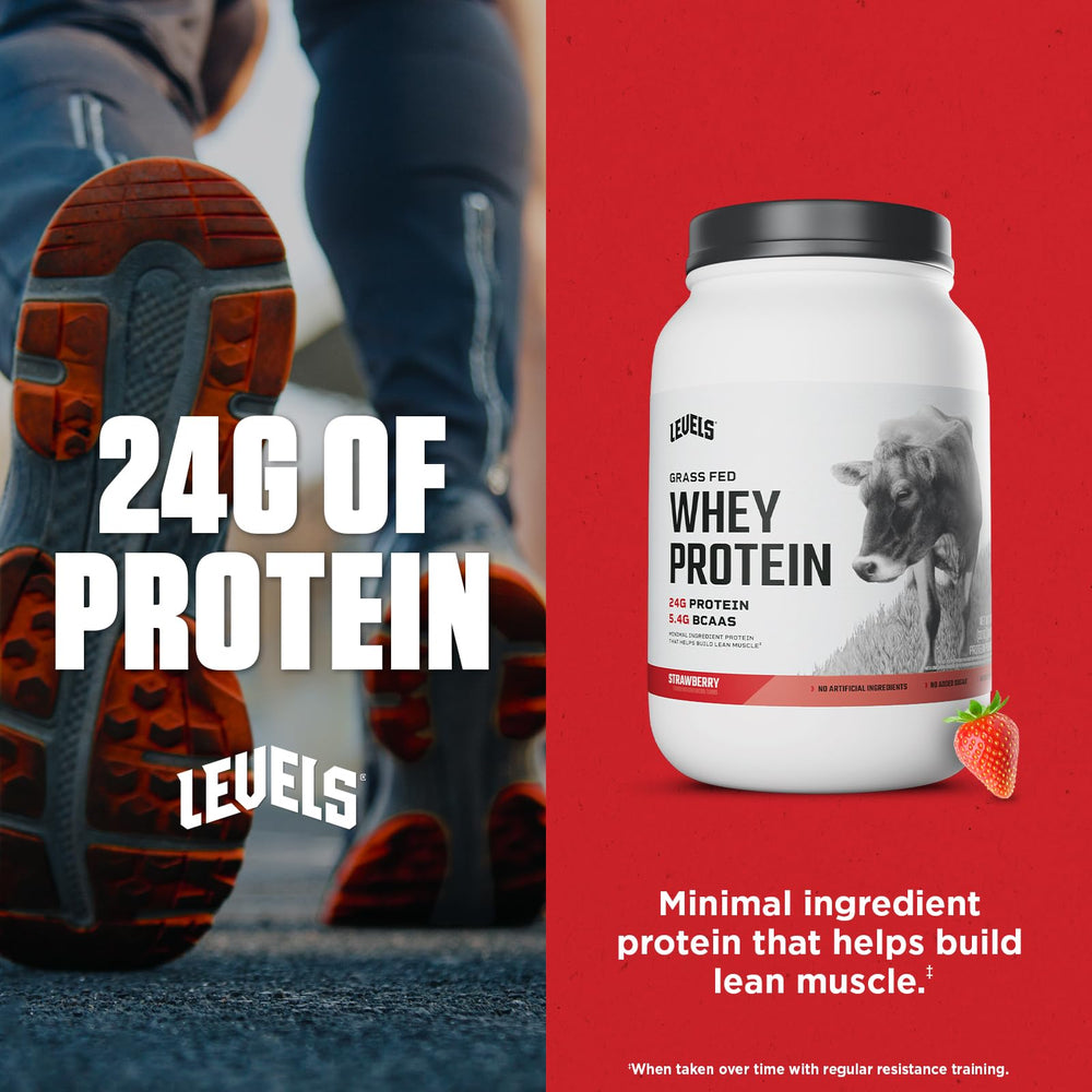 Levels Grass Fed Whey pouring into a glass for a quick post-workout
