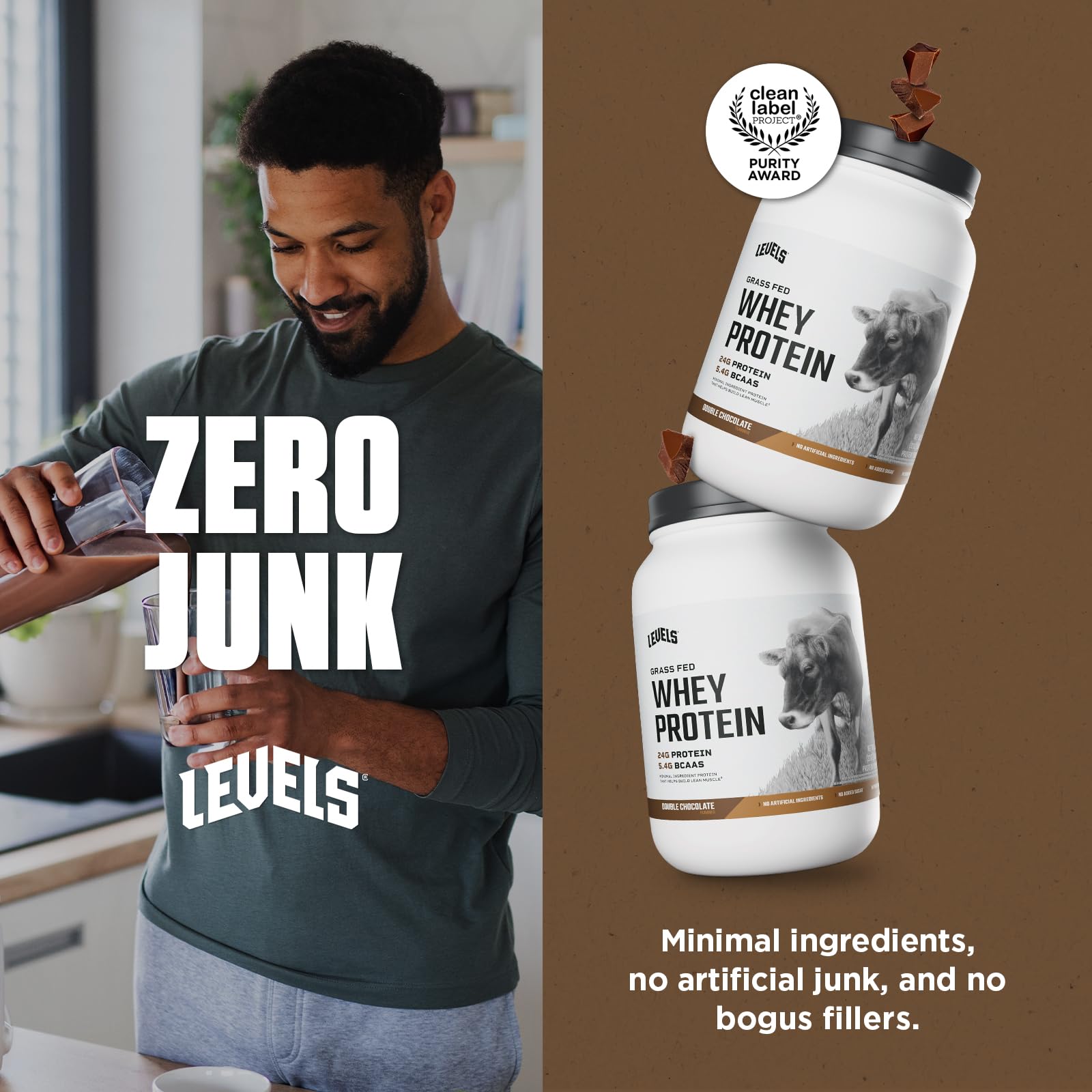 Levels Grass Fed Whey Powder 2lb container on counter for easy daily use.