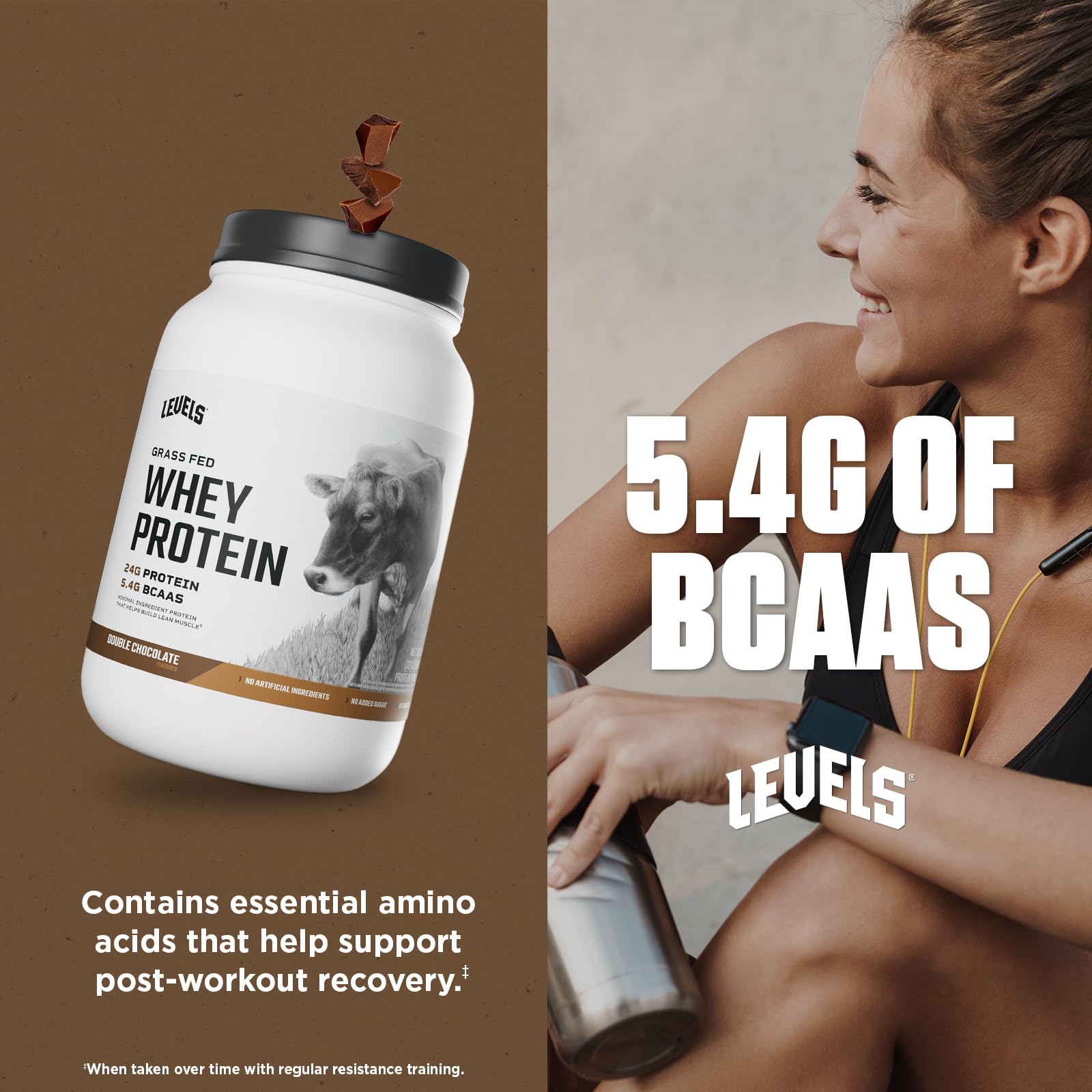 Levels Grass Fed Whey Powder back-label highlights clean ingredients with no artificial additives.