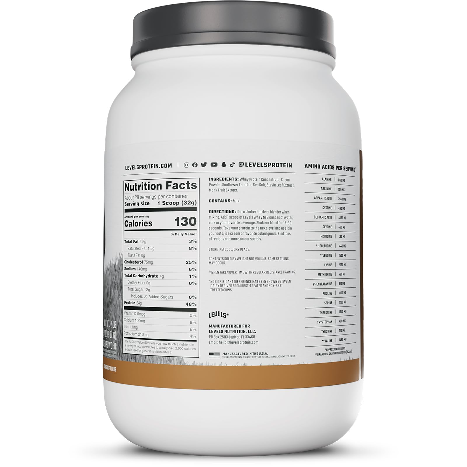 Levels Grass Fed Whey Powder ingredients panel emphasizes natural nutrition options.