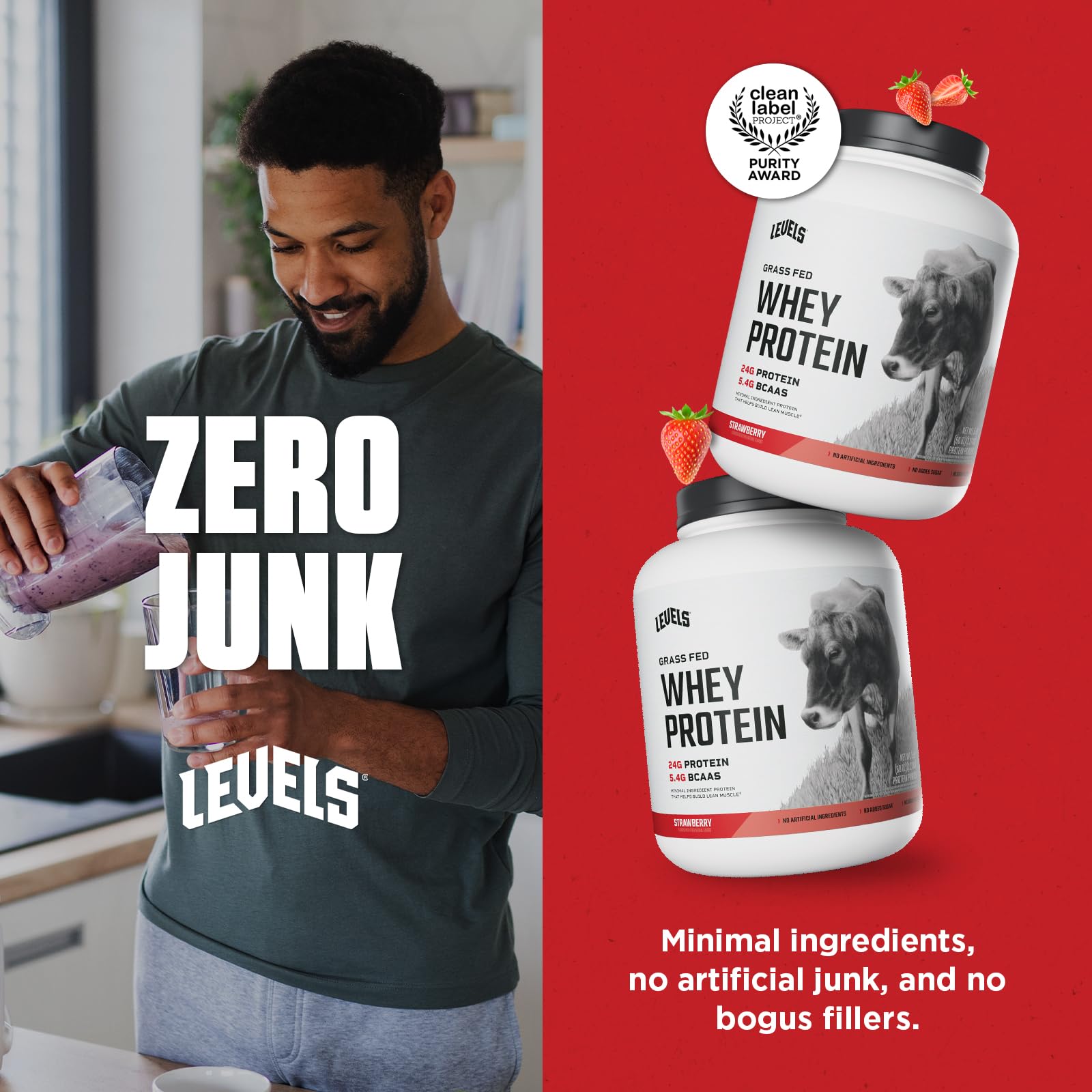 Closeup of Levels Grass Fed Whey Powder label showing natural ingredients.