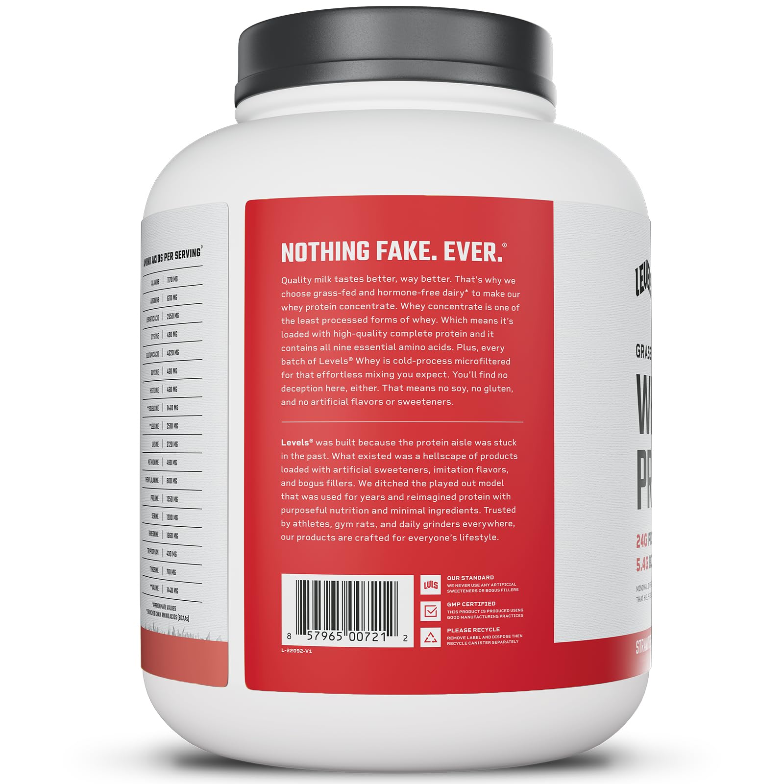 USA-made badge on Levels Grass Fed Whey Powder packaging.