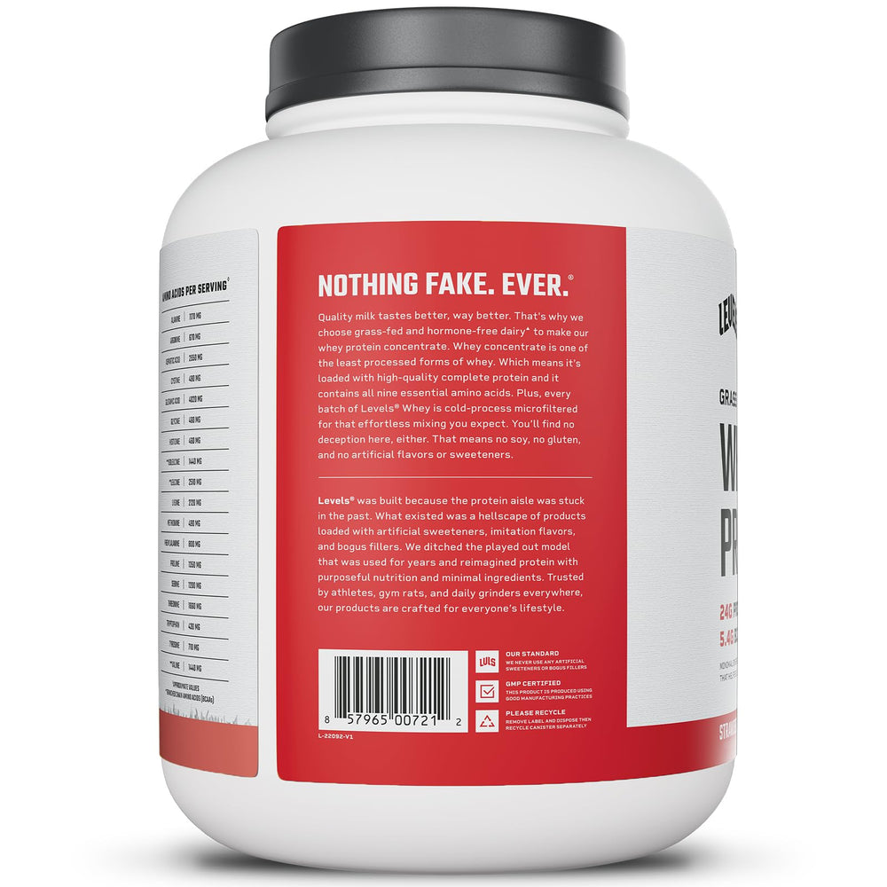 USA-made badge on Levels Grass Fed Whey Powder packaging.