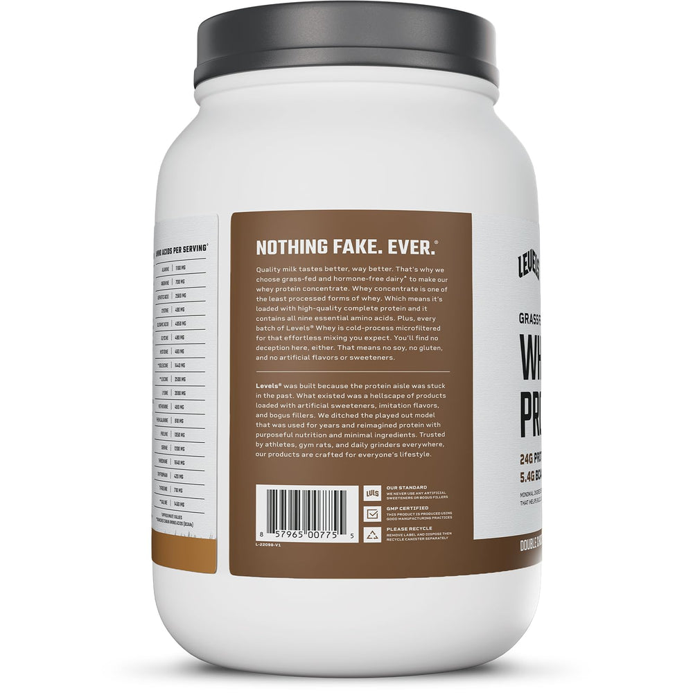 Levels Grass Fed Whey Powder mixing pot suggests versatile recipe ideas.
