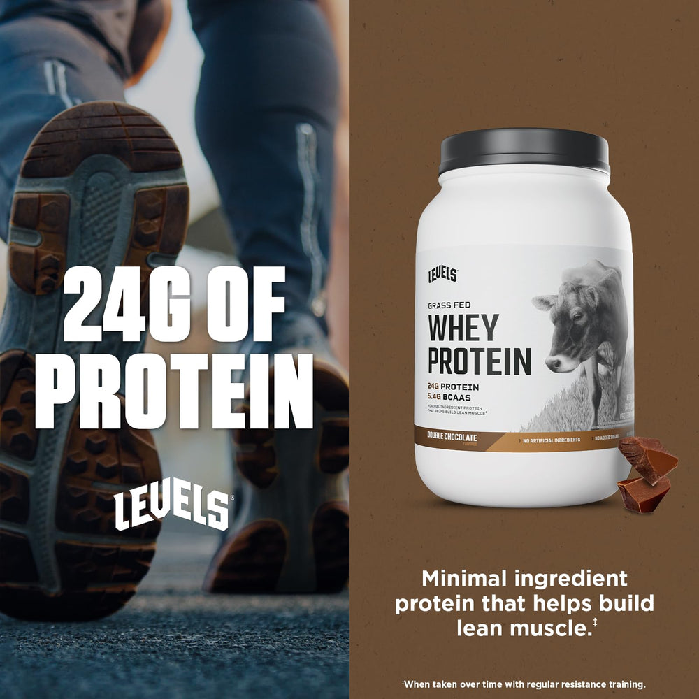Levels Grass Fed Whey Powder shake in glass showcases rich double chocolate flavor.