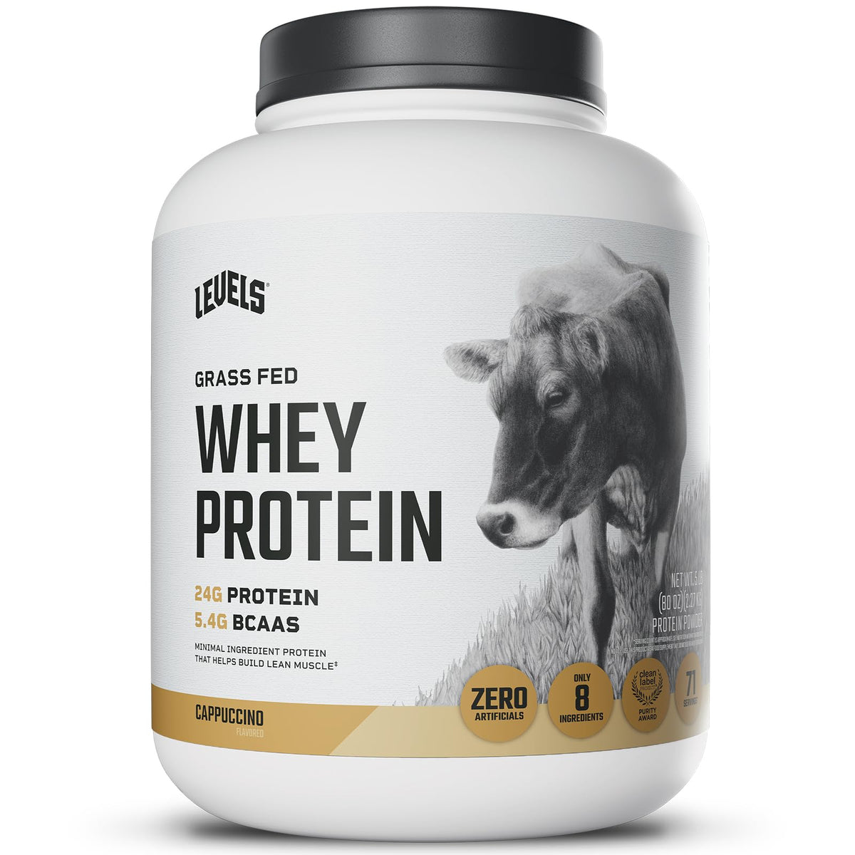 Levels Grass Fed Whey Cappuccino bottle promotes clean daily protein.