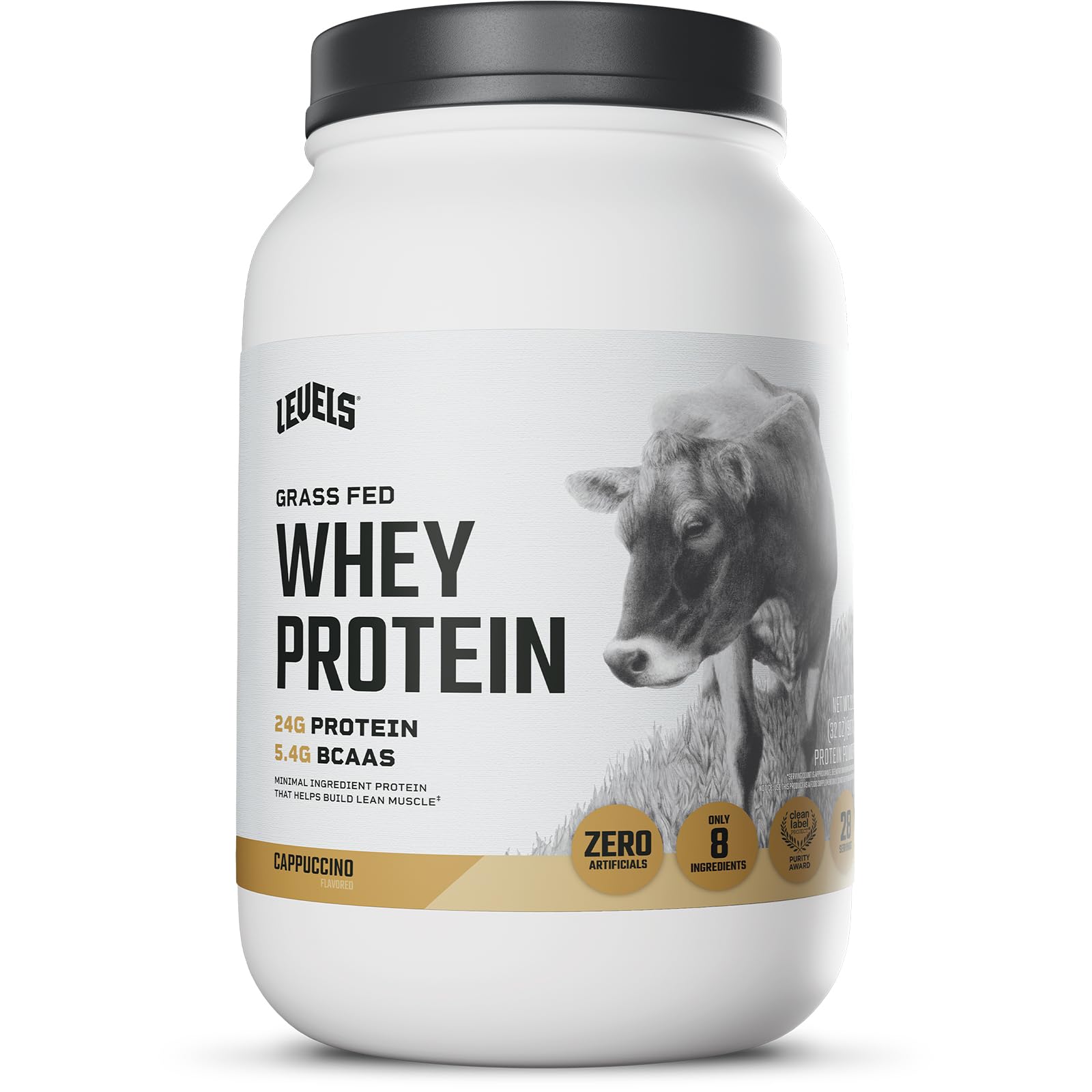 Levels Grass-Fed Whey Cappuccino tub supports daily protein goals.