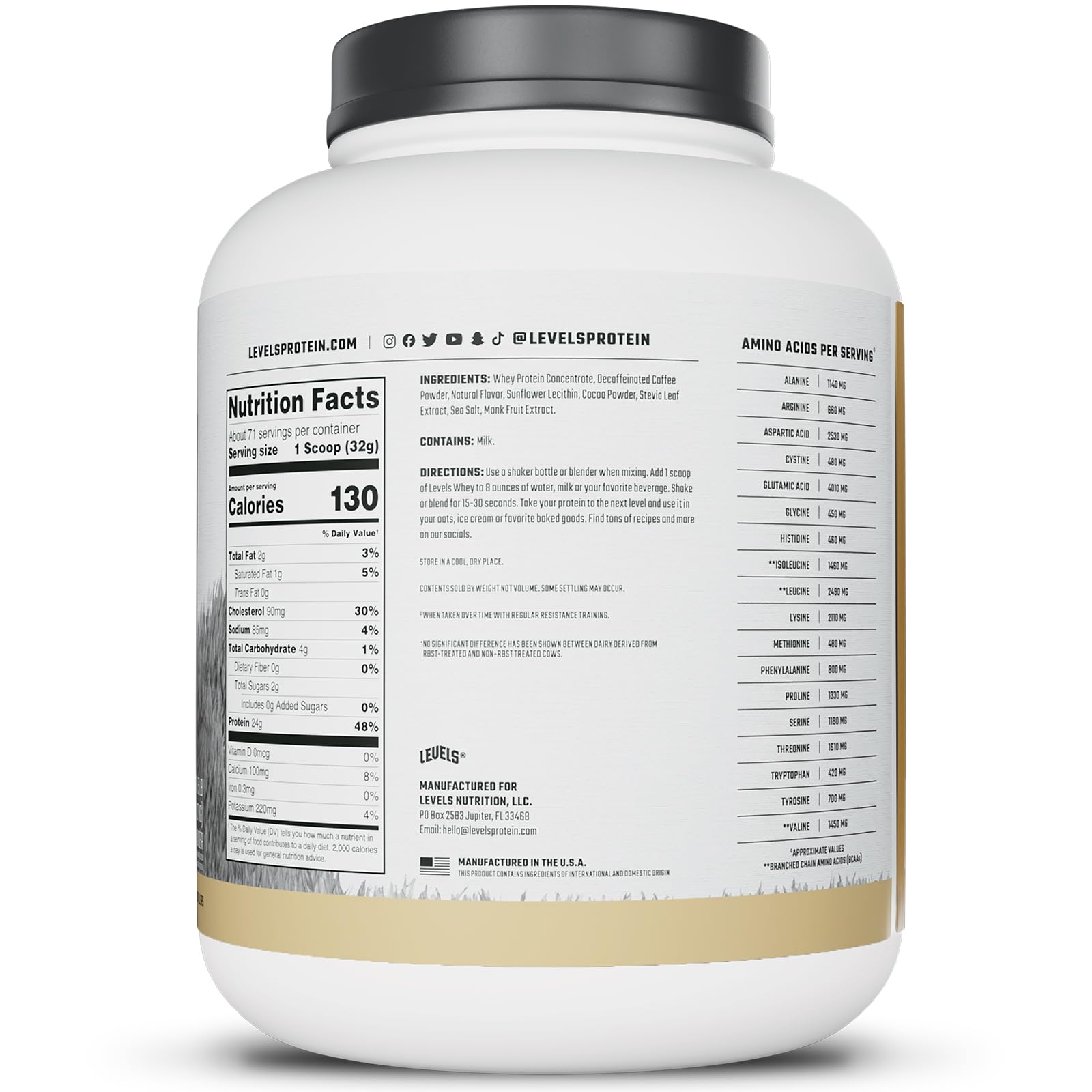 Pouring Levels whey shake into a glass.