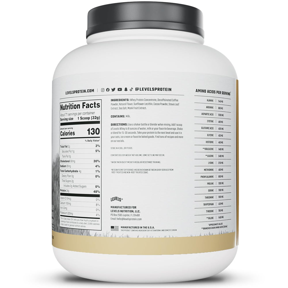 Pouring Levels whey shake into a glass.