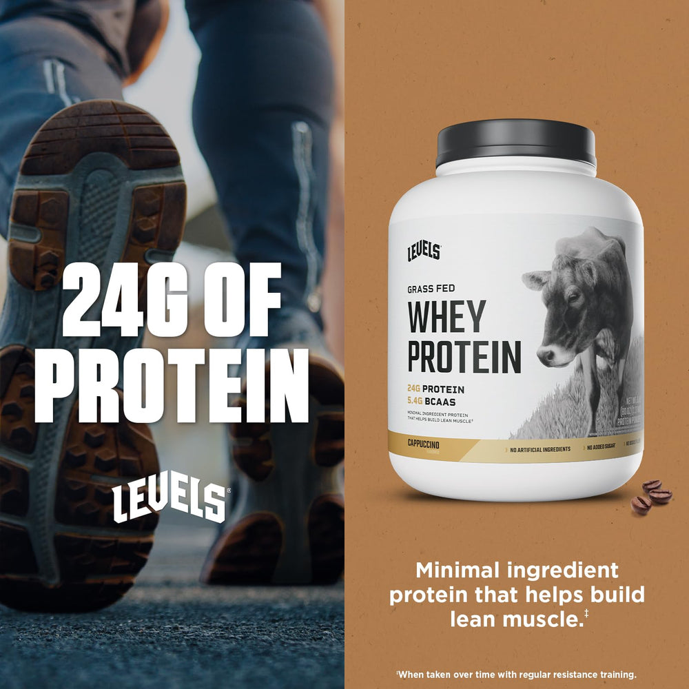 Nutrition label close-up on Levels Whey transparency.