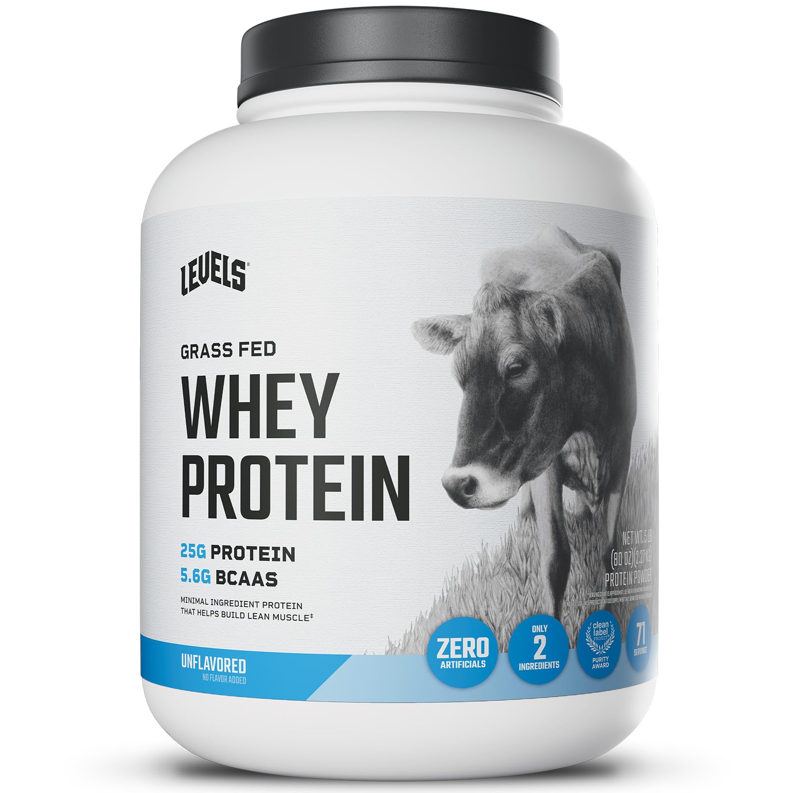Levels Grass Fed Whey protein bottle showcases clean, unflavored protein for daily shakes.