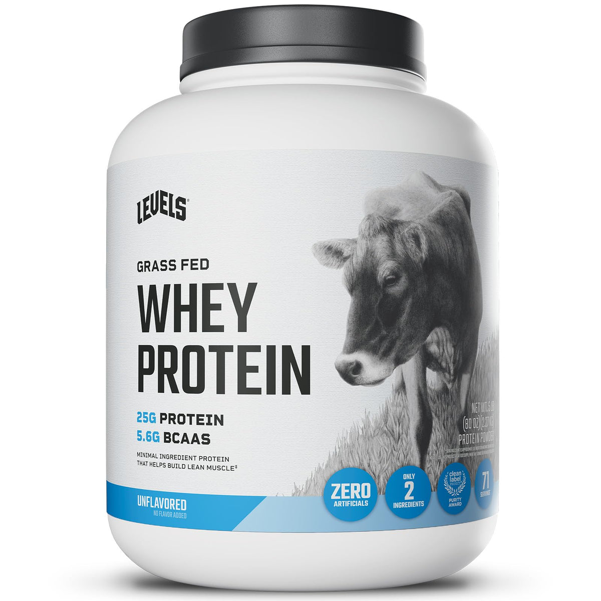 Levels Grass Fed Whey protein bottle showcases clean, unflavored protein for daily shakes.