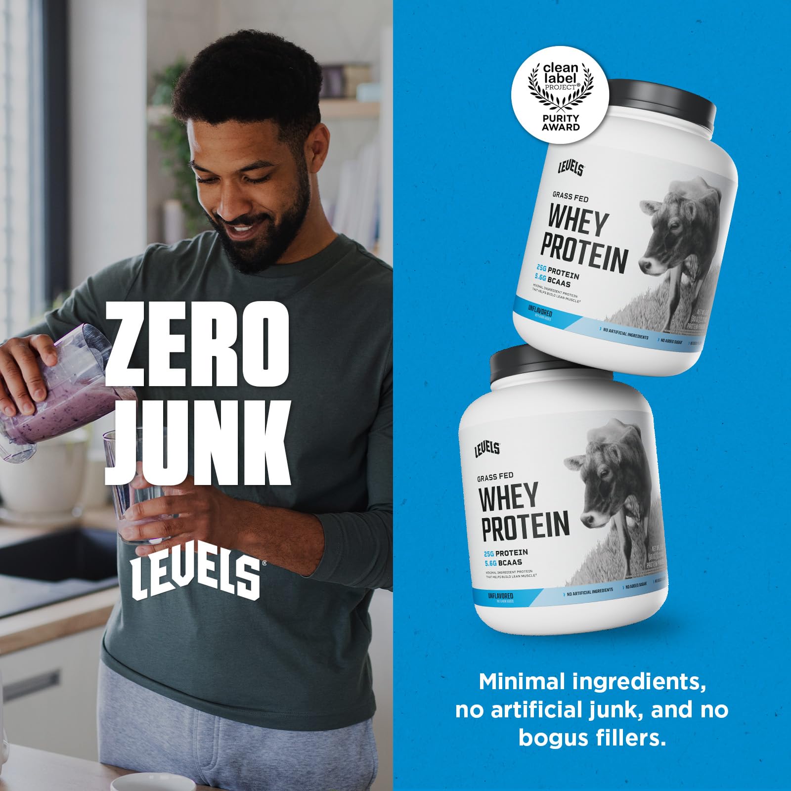 Levels Whey ingredients close-up highlights clean, unsweetened formula with no fillers.