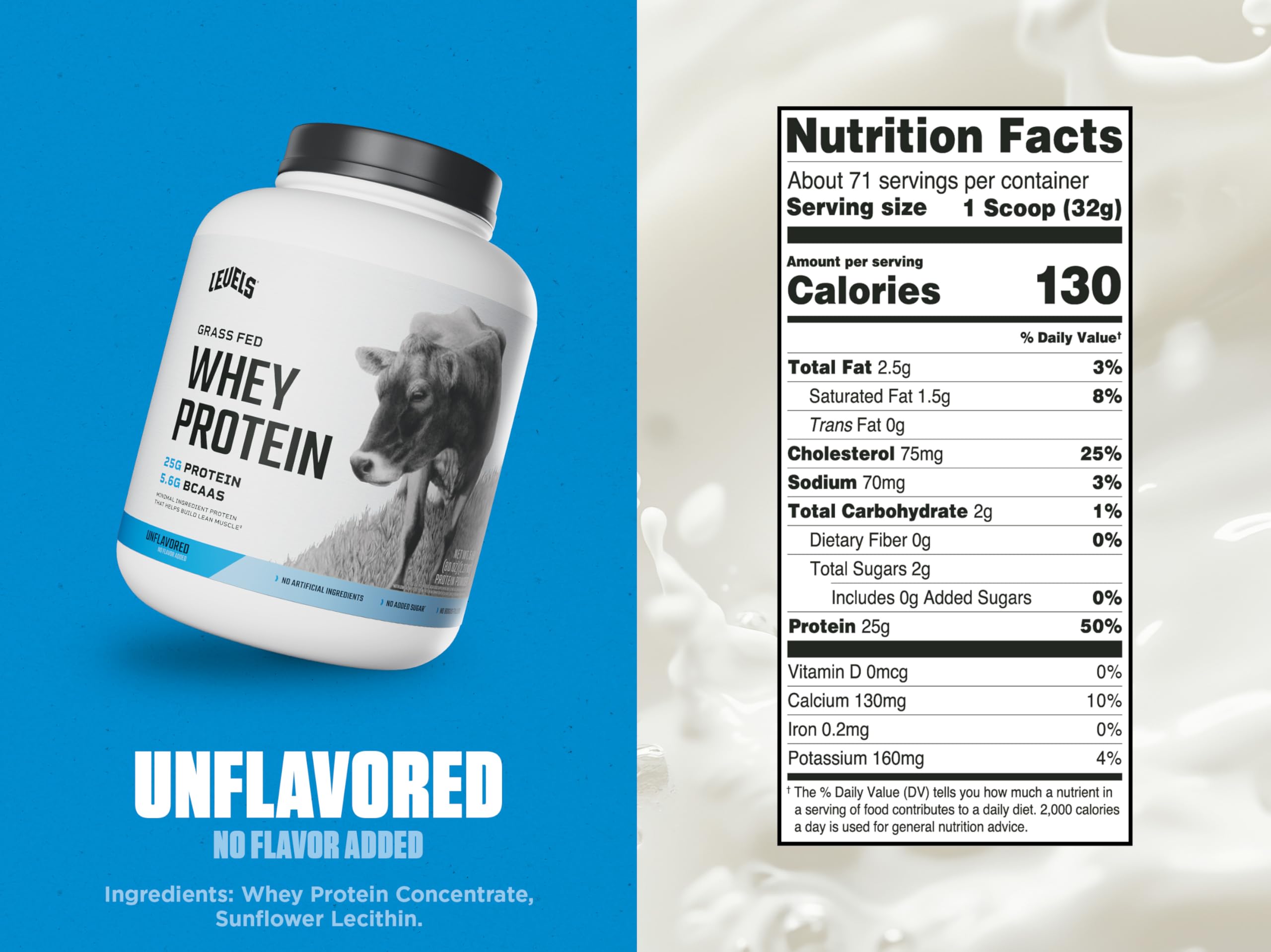Levels Grass Fed Whey powder being poured demonstrates smooth mixing without artificial flavors.