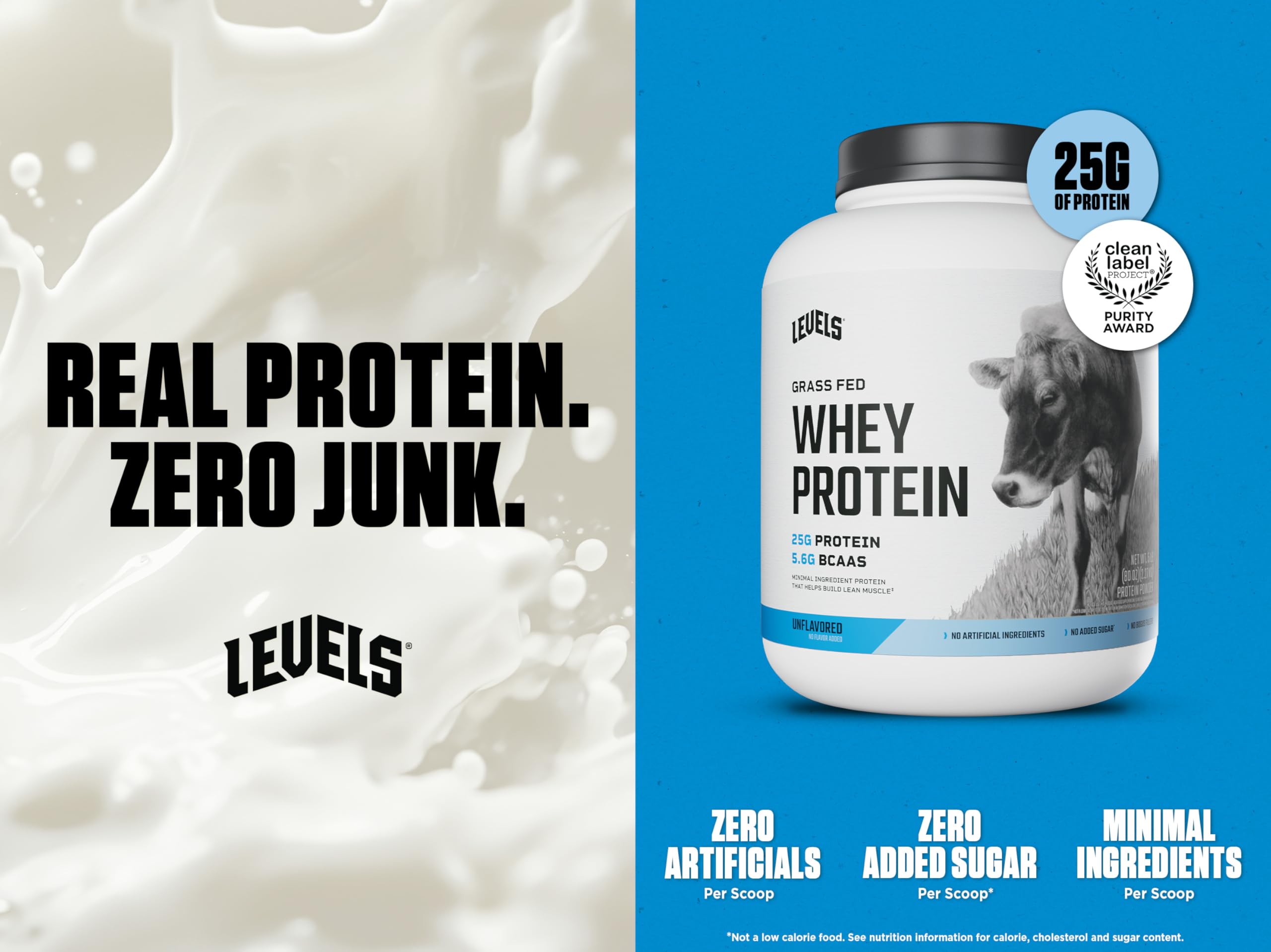 Levels Grass Fed Whey powder scoop close-up highlights 25g protein per serving for post-workout fueling.