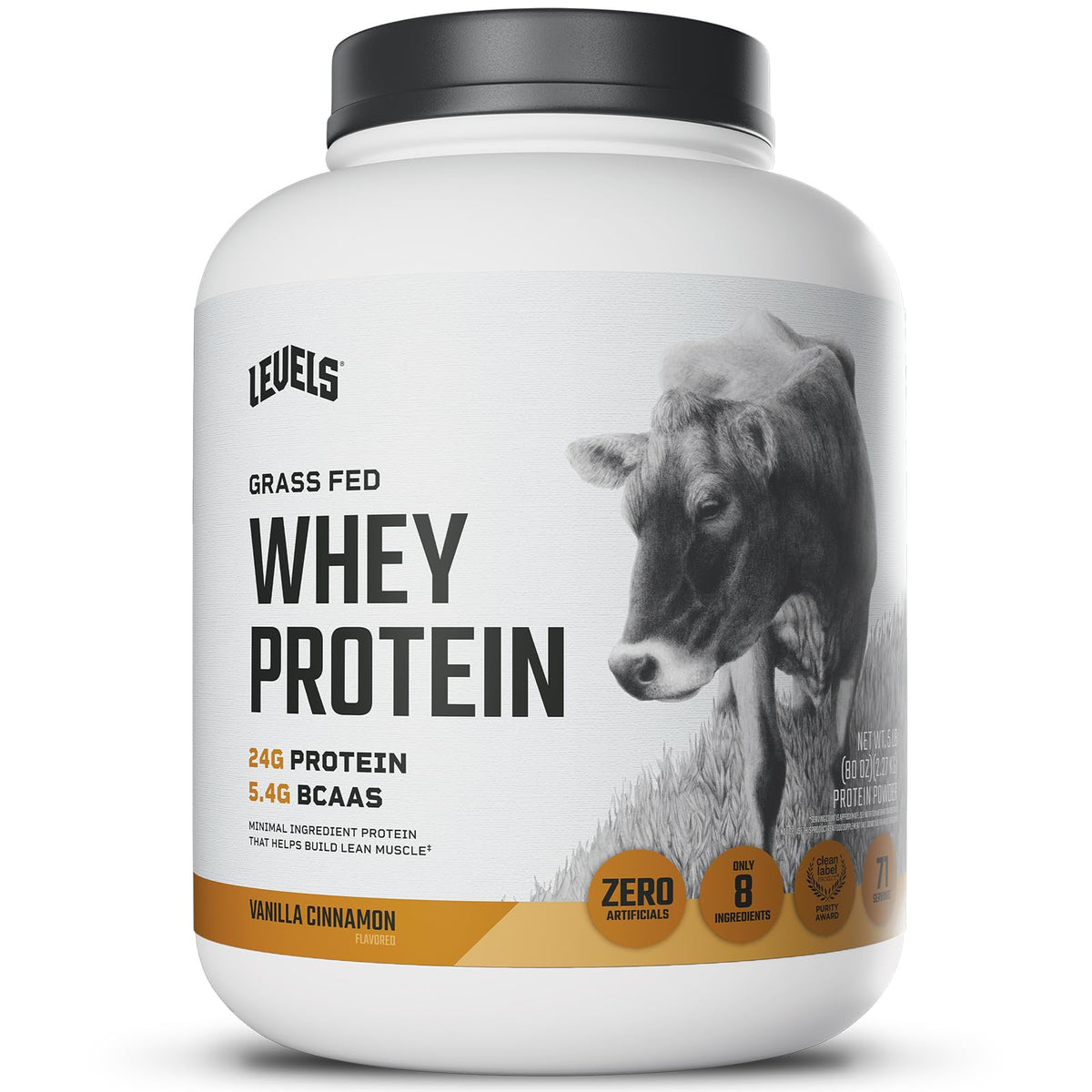 Levels Grass-Fed Whey Protein Powder tub showing clean label and protein-rich formula