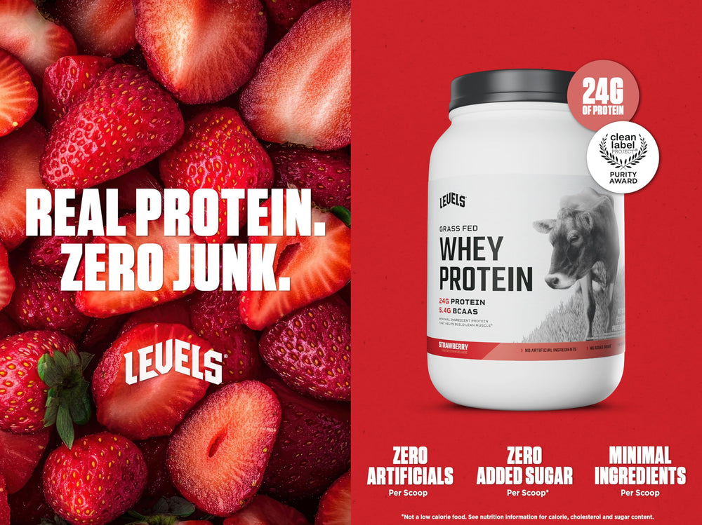 Levels Grass Fed Whey scoop presenting 24g protein per serving for workouts