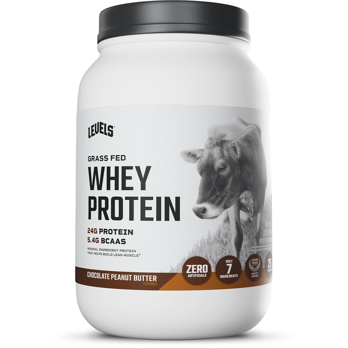 Levels Grass Fed Whey tub close-up with chocolate peanut butter flavor and clean ingredients