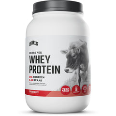 Levels Grass Fed Whey tub label showing clean ingredients and strawberry flavor benefits