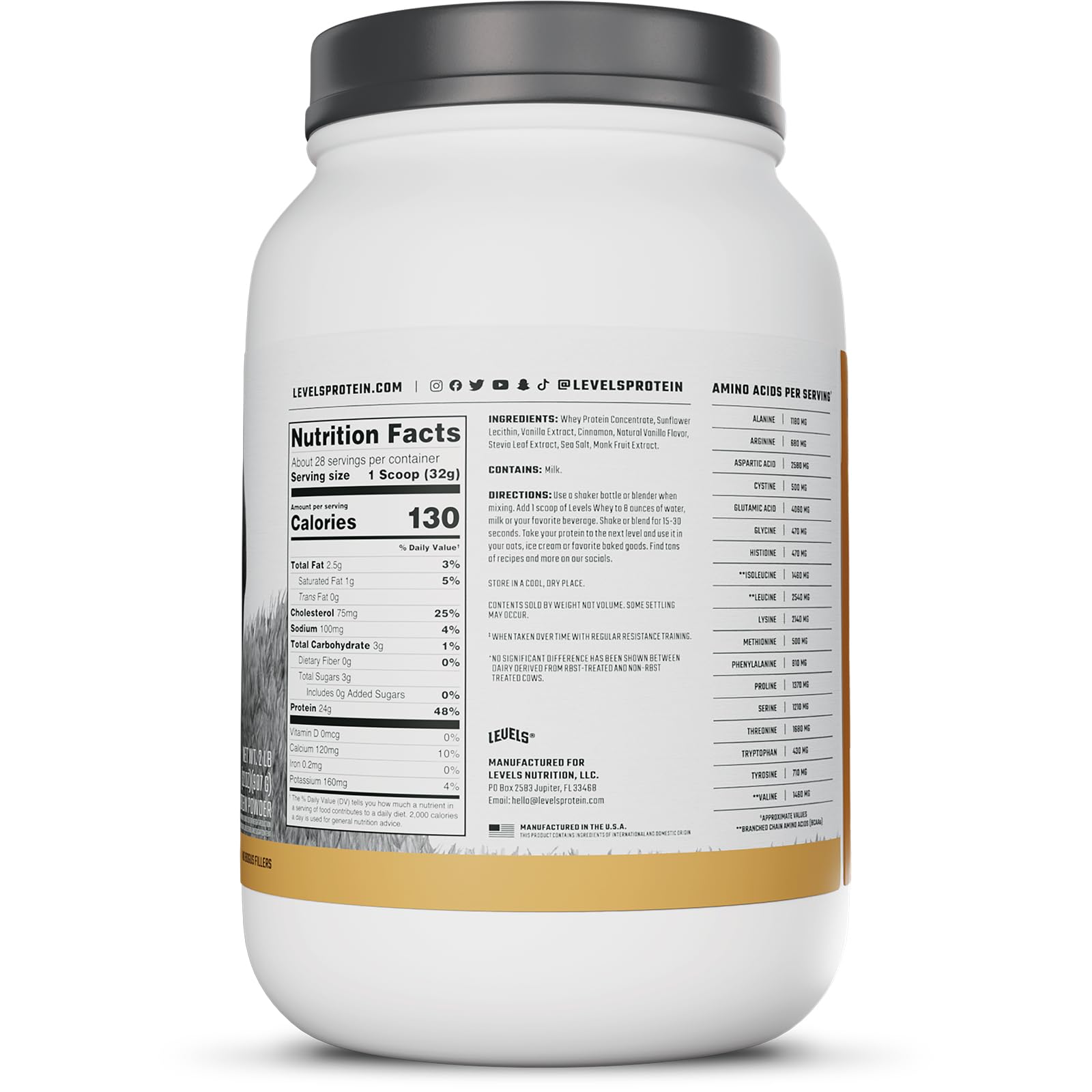 Levels Grass-Fed Whey USA made, cold-processed for quality