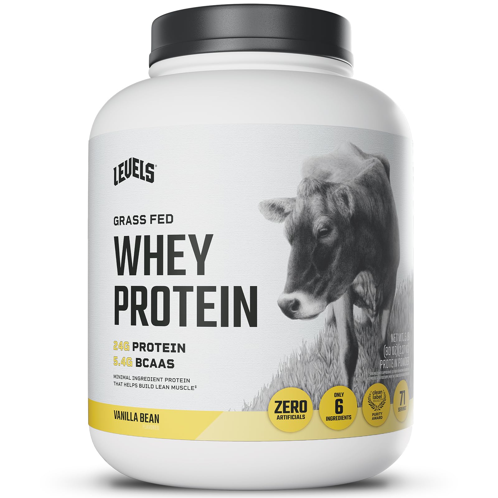 Levels Grass Fed Whey Vanilla Bean bottle ready for a shake, clean nutrition.