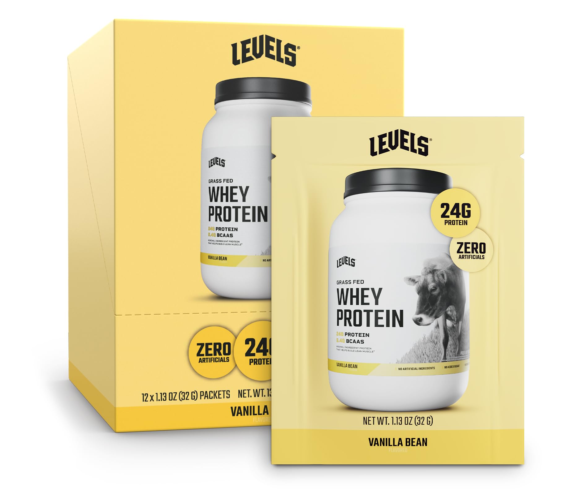 Levels Grass-Fed Whey Vanilla Bean bottle showcases premium protein for daily workouts.